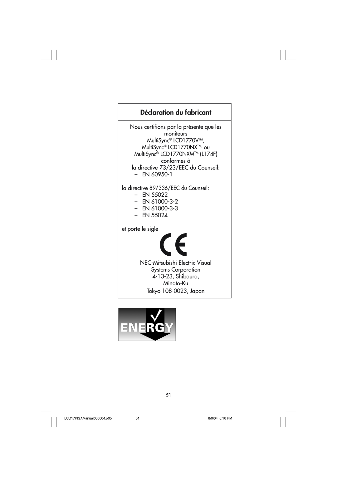 NEC LCD1770V, LCD1770NX, LCD1770NXM user manual DŽclaration du fabricant 