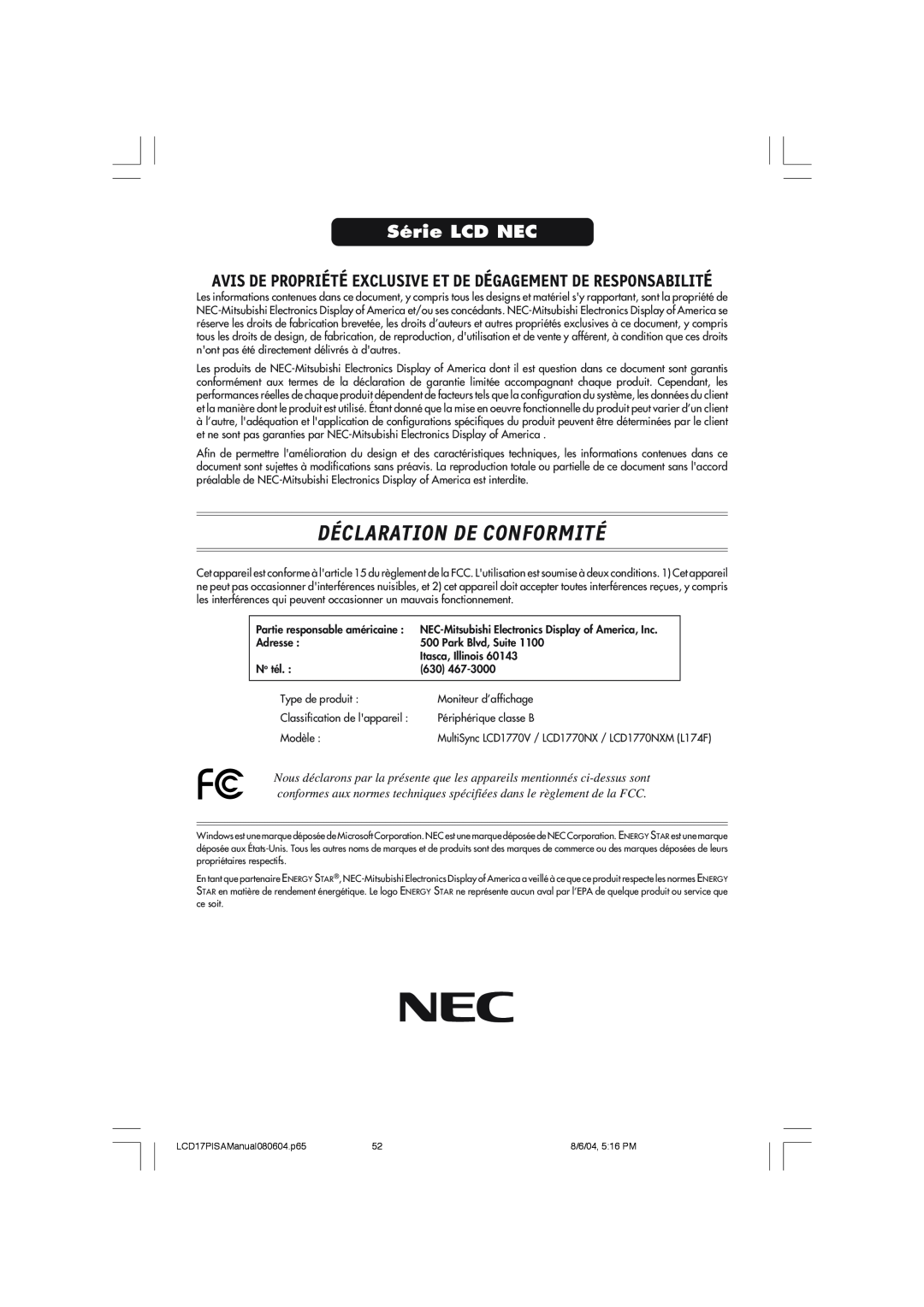NEC LCD1770V Déclaration De Conformité, Série LCD NEC, Avis De Propriété Exclusive Et De Dégagement De Responsabilité 