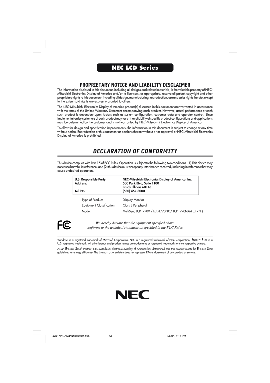 NEC LCD1770V, LCD1770NX, LCD1770NXM Declaration Of Conformity, NEC LCD Series, Proprietary Notice And Liability Disclaimer 