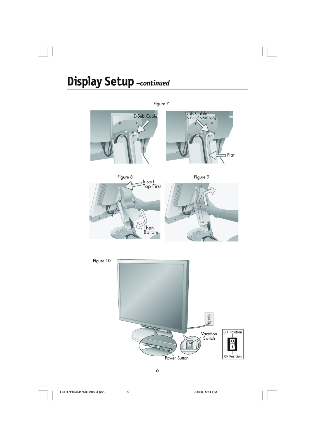 NEC LCD1770V user manual Display Setup -continued, Insert Top First Then Bottom, USB Cable, Flat, D-Sub Cable, Power Button 