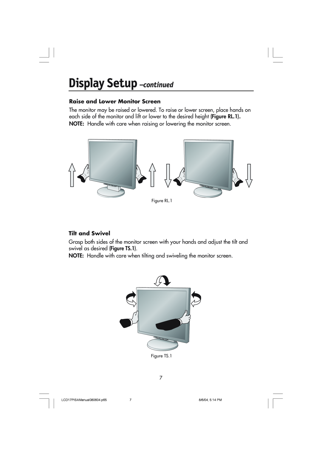 NEC LCD1770V, LCD1770NX, LCD1770NXM user manual Raise and Lower Monitor Screen, Tilt and Swivel, Display Setup -continued 