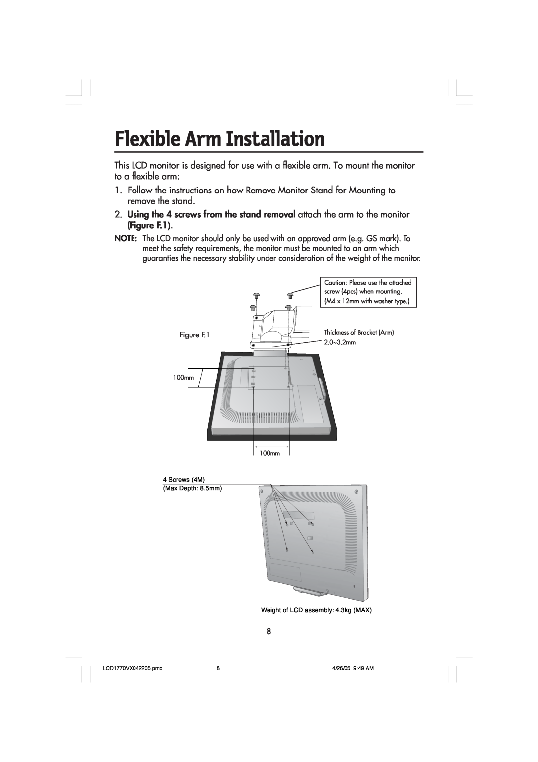 NEC LCD1770VX user manual Flexible Arm Installation 