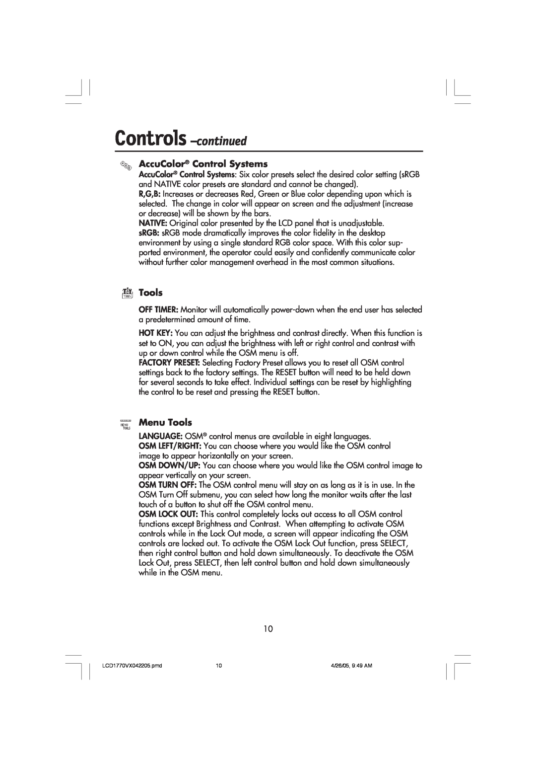 NEC LCD1770VX user manual Controls -continued, AccuColor Control Systems, Menu Tools 
