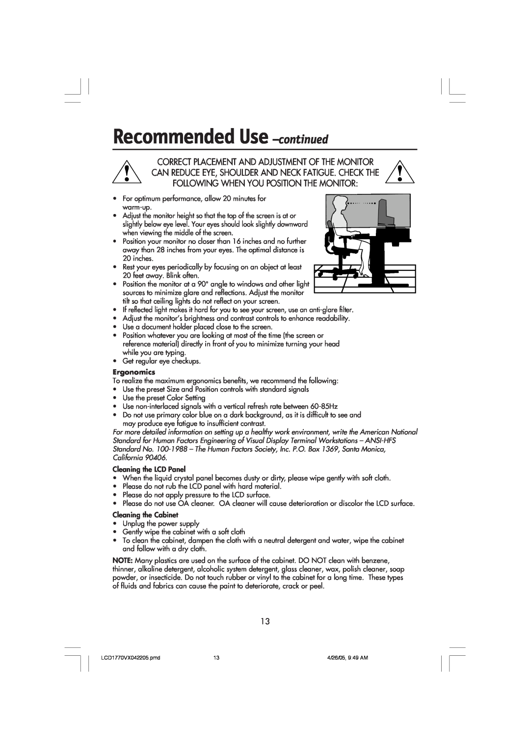 NEC LCD1770VX user manual Recommended Use -continued, Correct Placement And Adjustment Of The Monitor, Ergonomics 