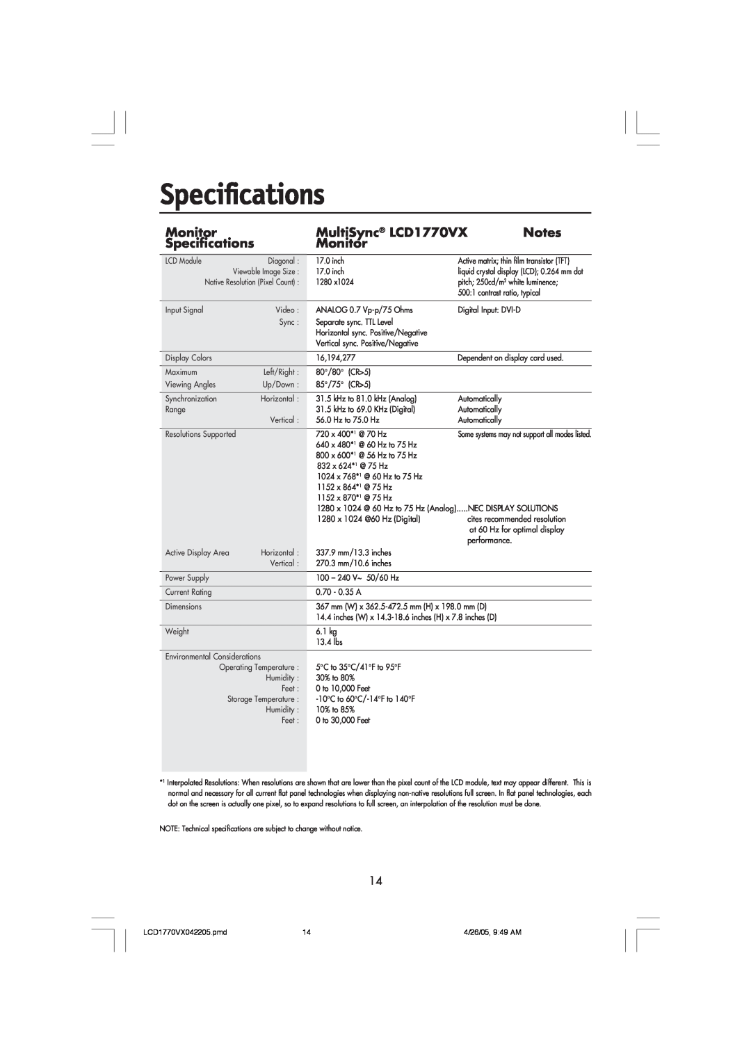 NEC user manual Specifications, Monitor, MultiSync LCD1770VX 