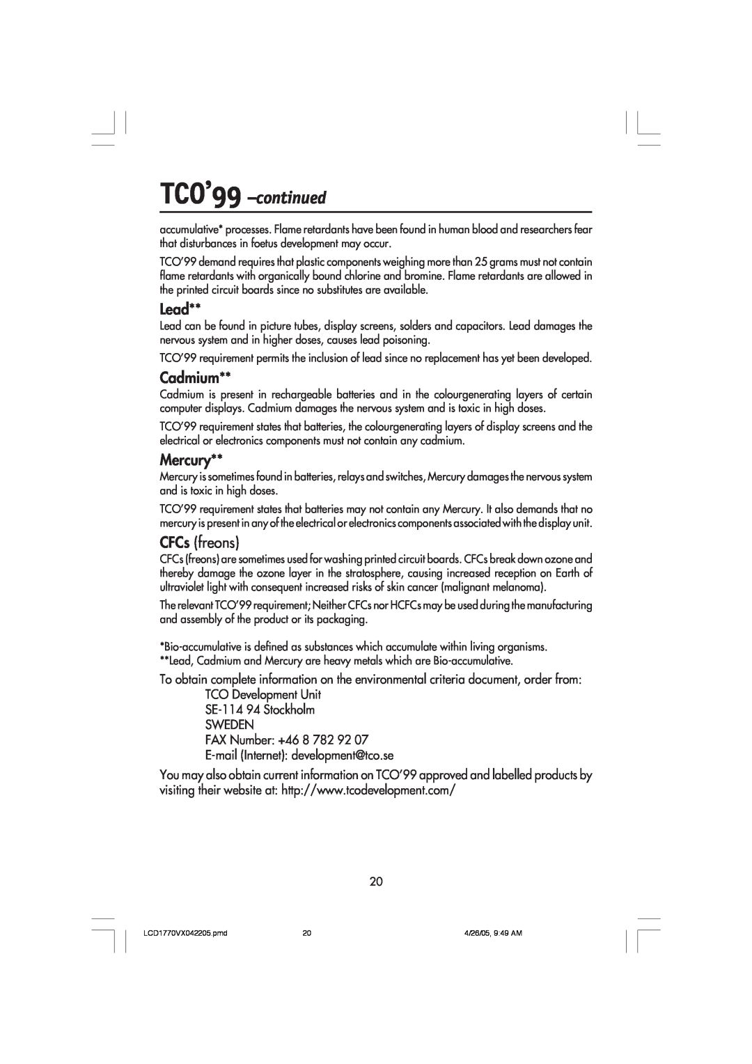 NEC LCD1770VX user manual TCO’99 -continued, Lead, Cadmium, Mercury, CFCs freons 