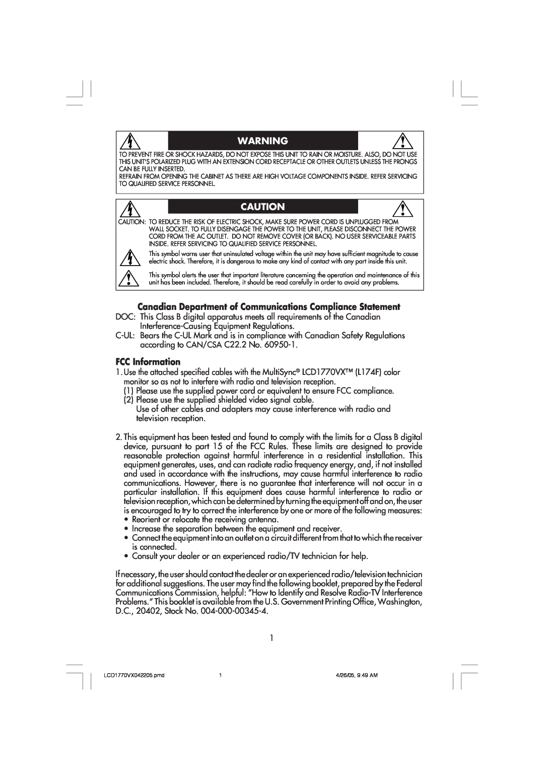 NEC LCD1770VX user manual Canadian Department of Communications Compliance Statement, FCC Information 
