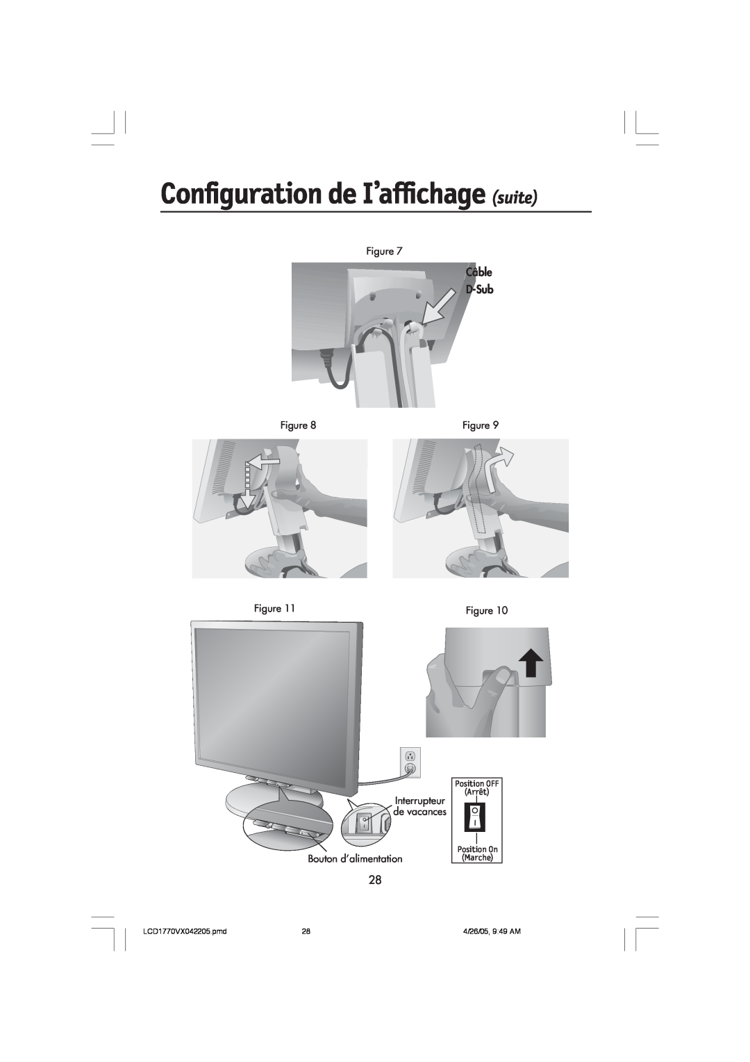 NEC Configuration de I’affichage suite, Câble D-Sub, Bouton d’alimentation, LCD1770VX042205.pmd, 4/26/05, 949 AM 