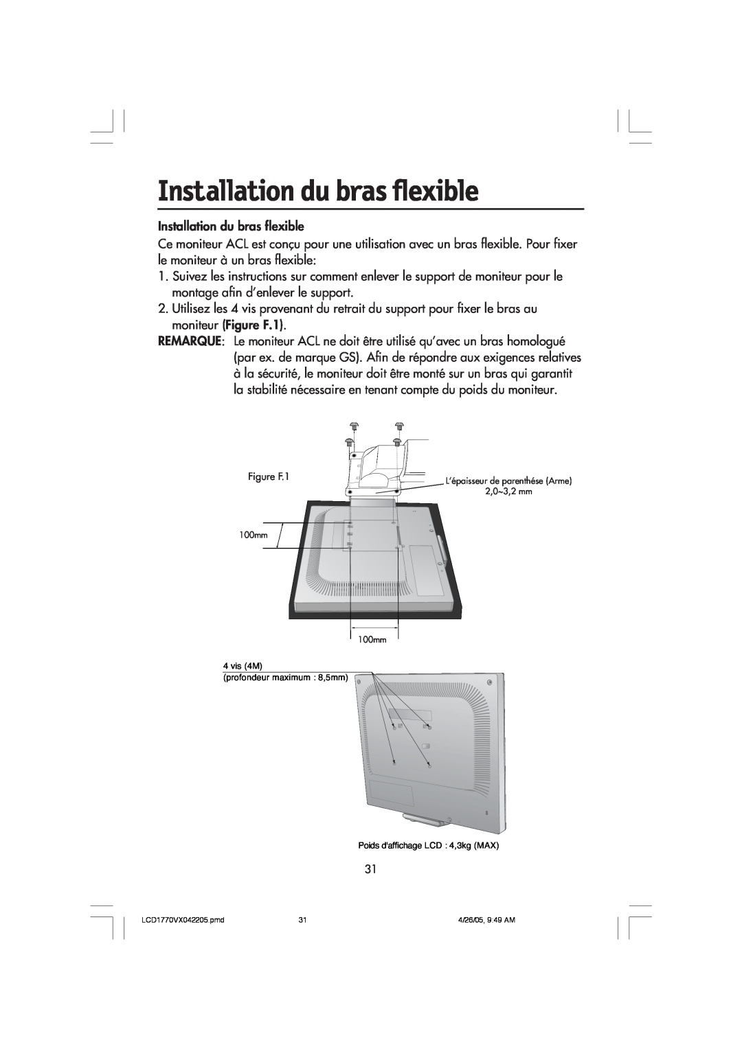 NEC LCD1770VX user manual Installation du bras flexible 