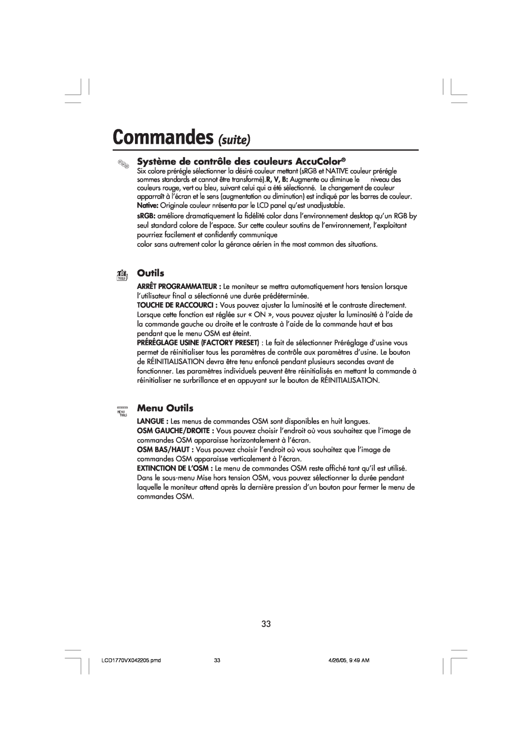 NEC LCD1770VX user manual Commandes suite, Système de contrôle des couleurs AccuColor, Menu Outils 