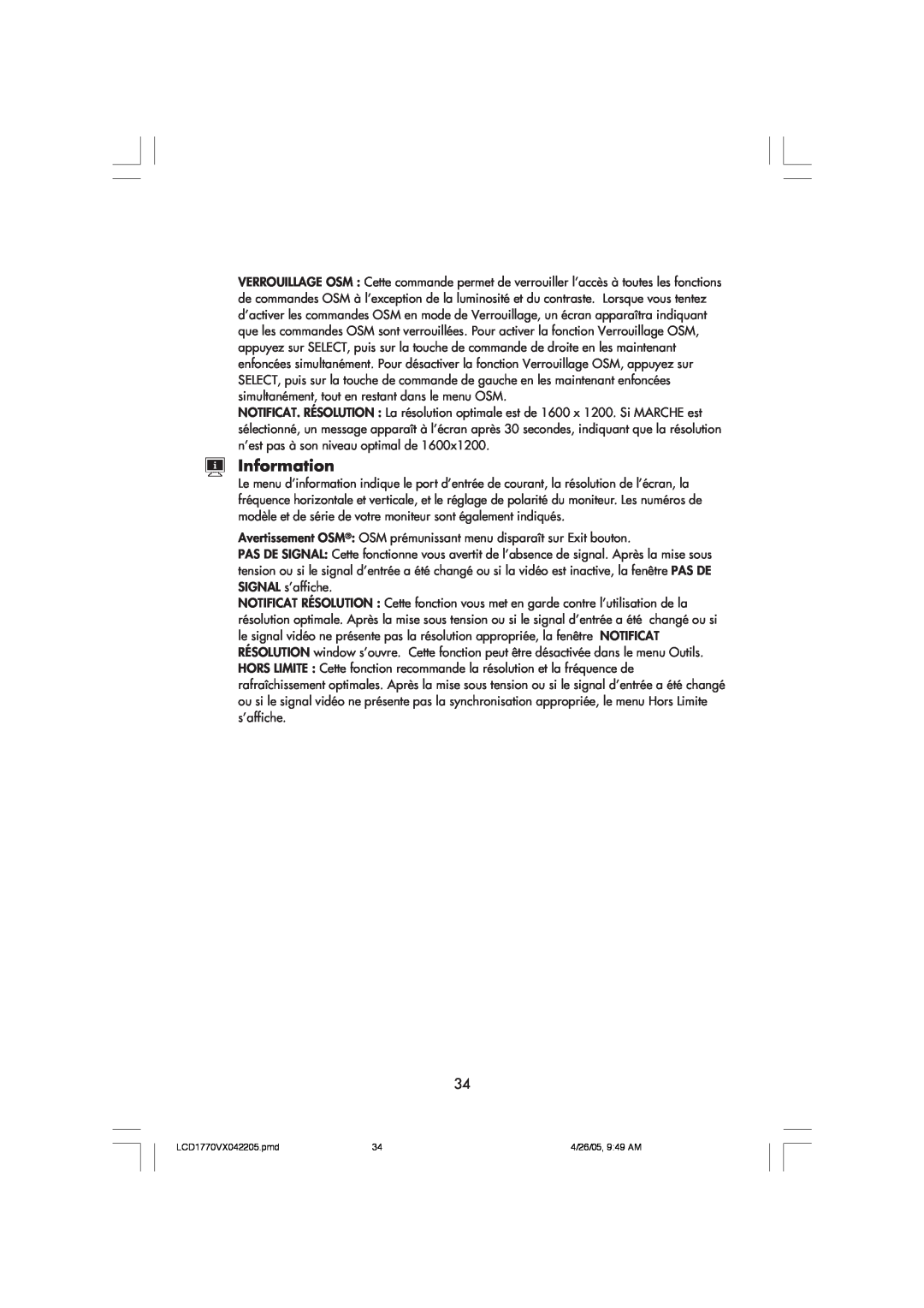 NEC LCD1770VX user manual Information, Avertissement OSM OSM prémunissant menu disparaît sur Exit bouton 