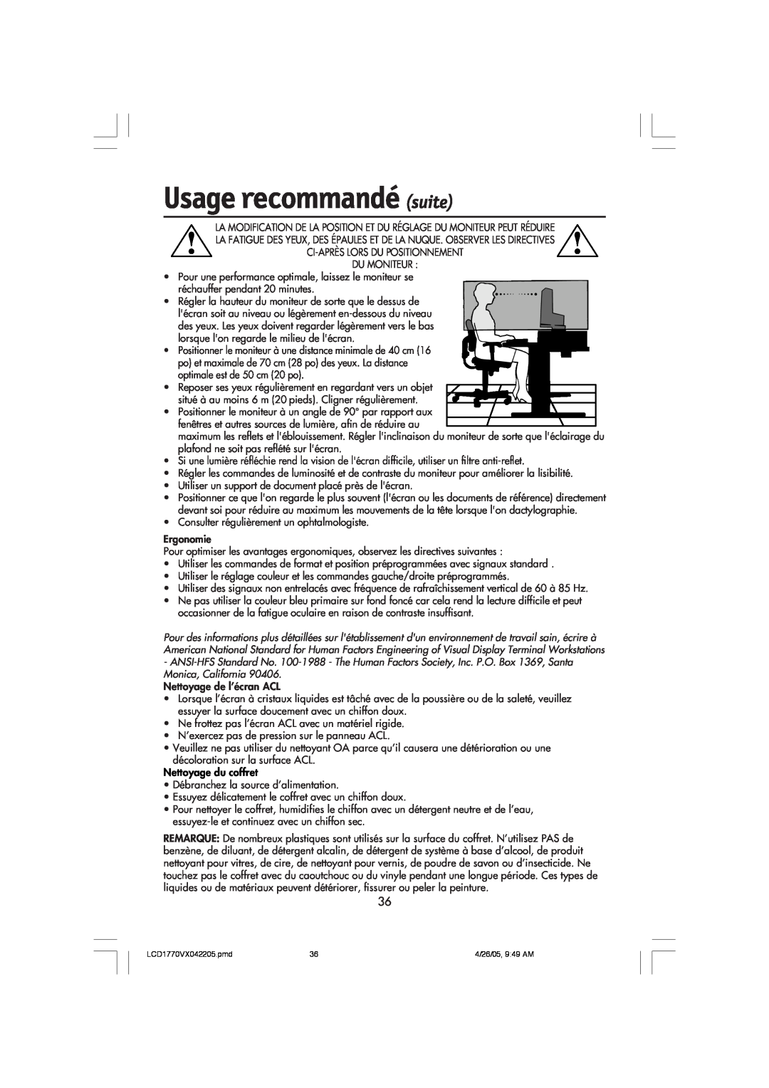 NEC LCD1770VX user manual Usage recommandé suite 
