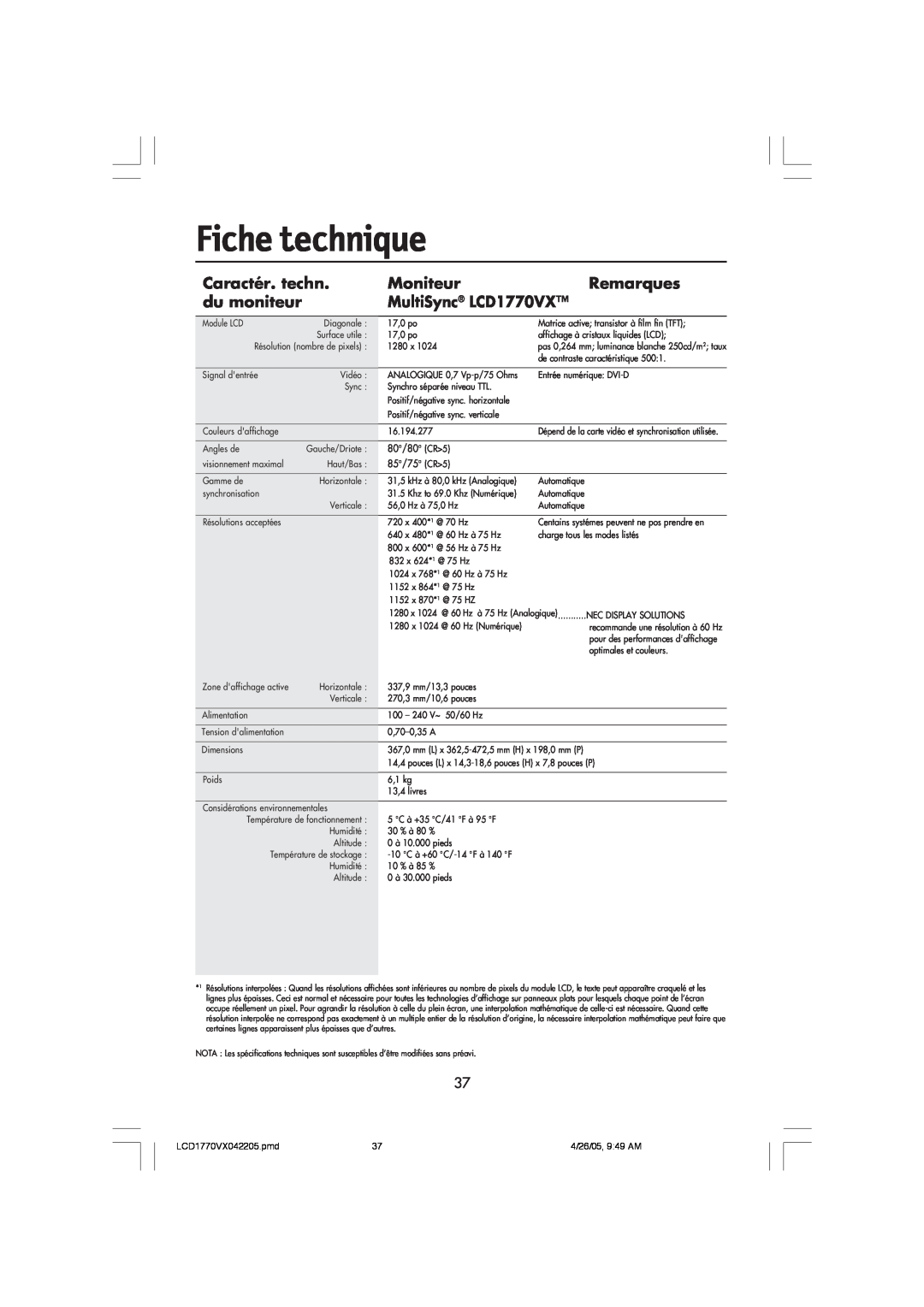 NEC user manual Fiche technique, Caractér. techn, Moniteur, Remarques, du moniteur, MultiSync LCD1770VX 