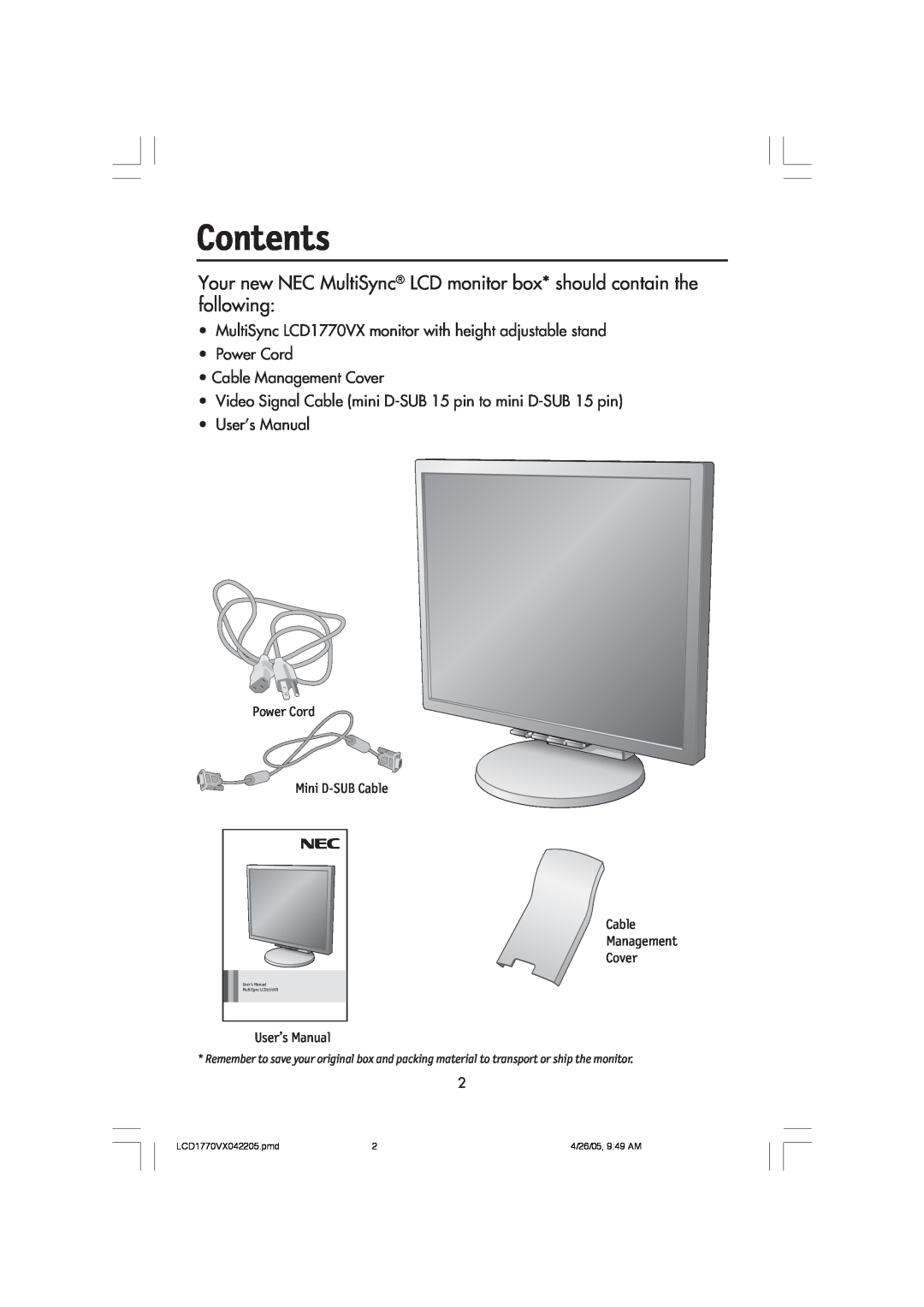 NEC LCD1770VX user manual Contents, Your new NEC MultiSync LCD monitor box* should contain the following, User’s Manual 
