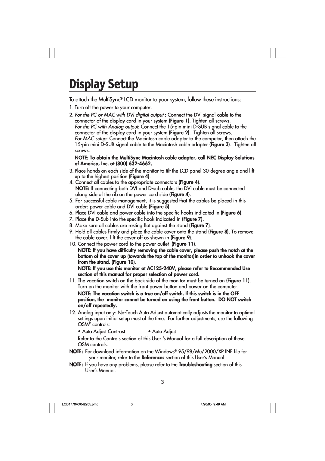 NEC LCD1770VX user manual Display Setup 