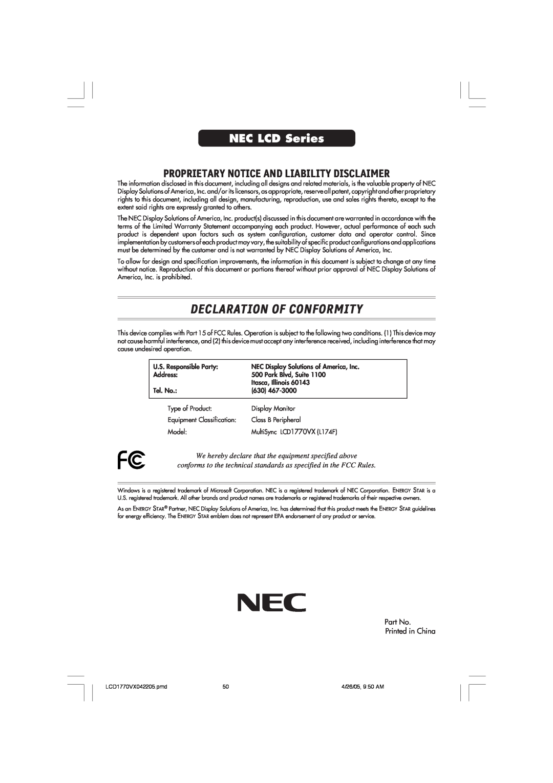 NEC LCD1770VX user manual Declaration Of Conformity, NEC LCD Series, Proprietary Notice And Liability Disclaimer 