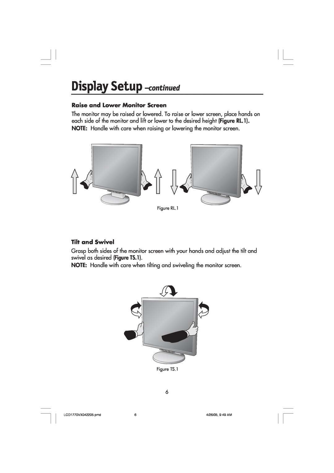 NEC LCD1770VX user manual Raise and Lower Monitor Screen, Tilt and Swivel, Display Setup -continued 