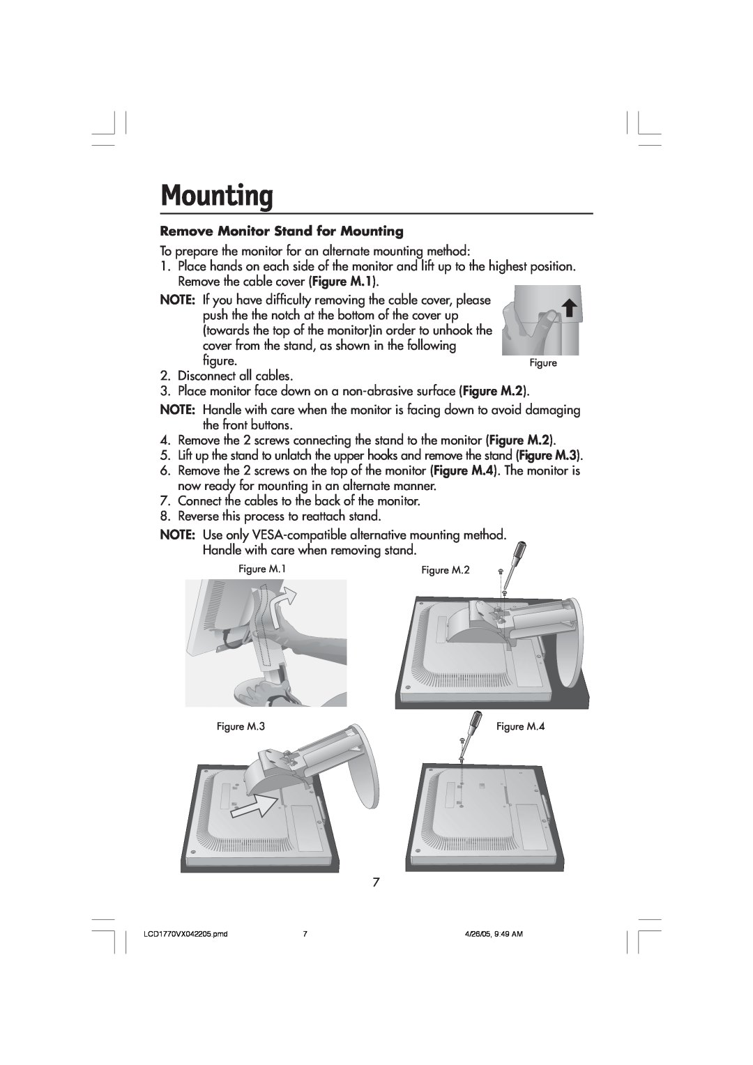 NEC LCD1770VX user manual Remove Monitor Stand for Mounting 