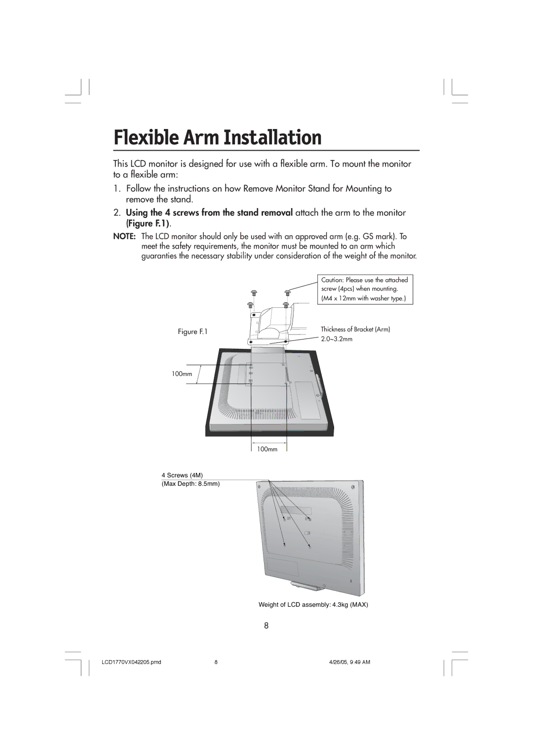 NEC LCD1770VX user manual Flexible Arm Installation, Figure F.1 