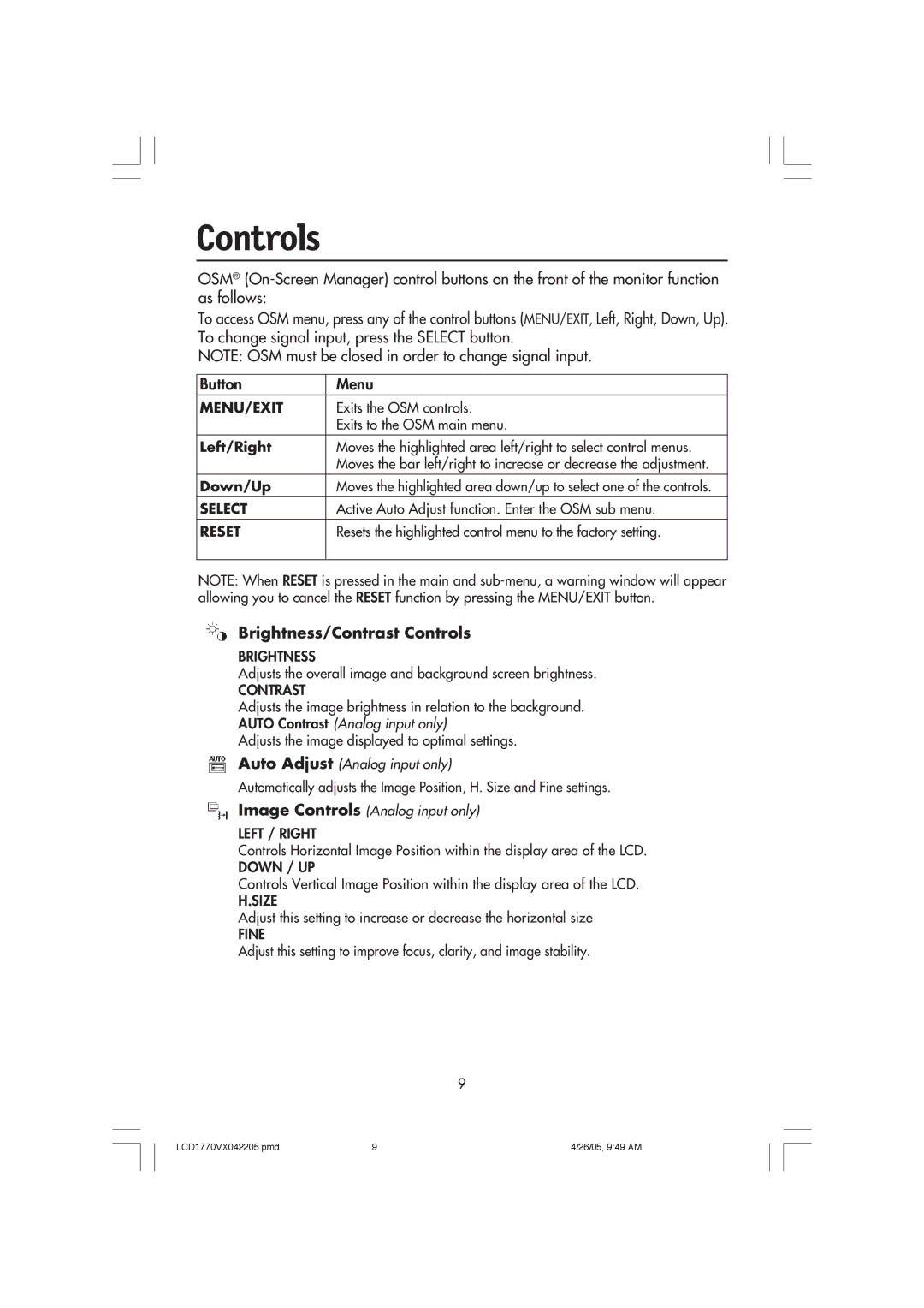 NEC LCD1770VX user manual Button Menu, Brightness/Contrast Controls 