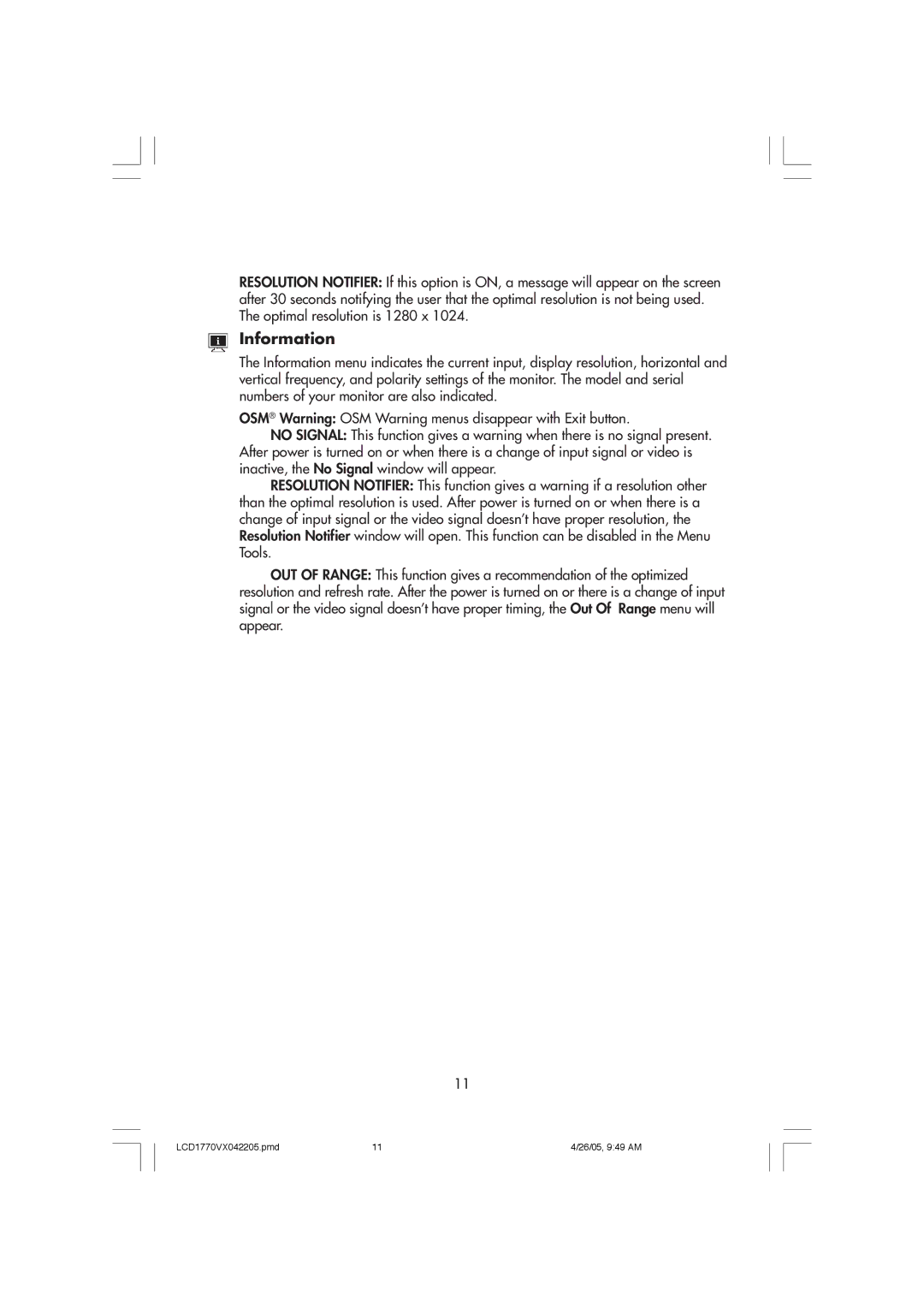 NEC LCD1770VX user manual Information 