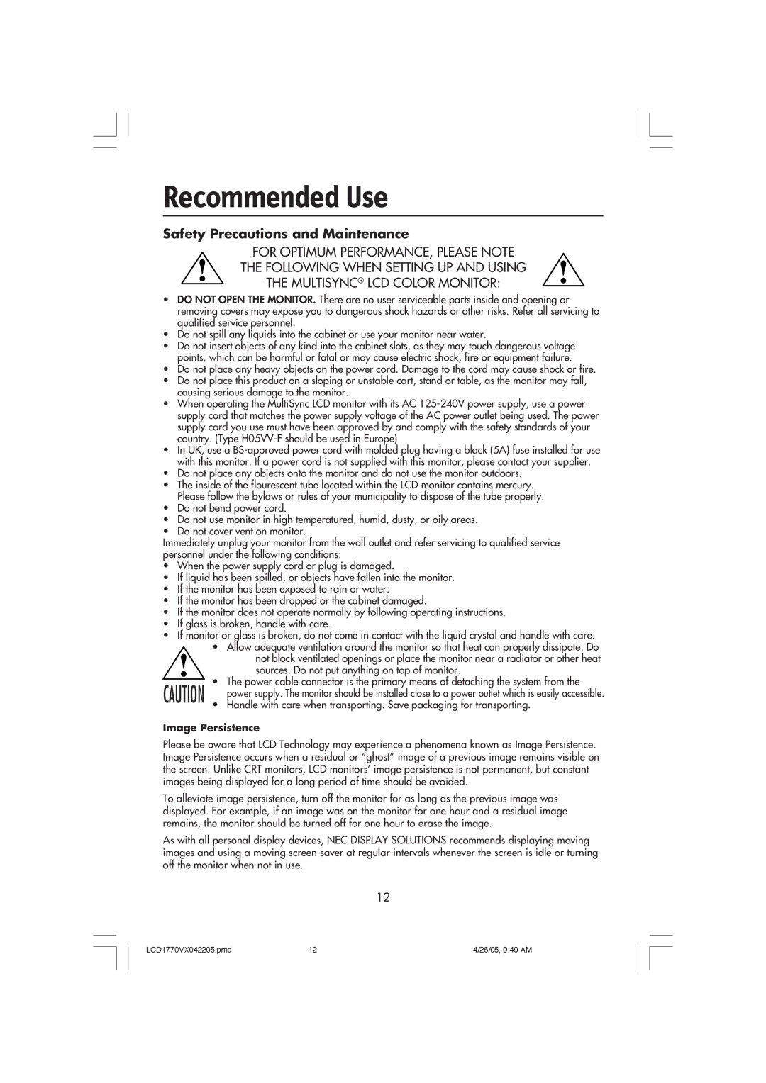 NEC LCD1770VX user manual Recommended Use, Safety Precautions and Maintenance 