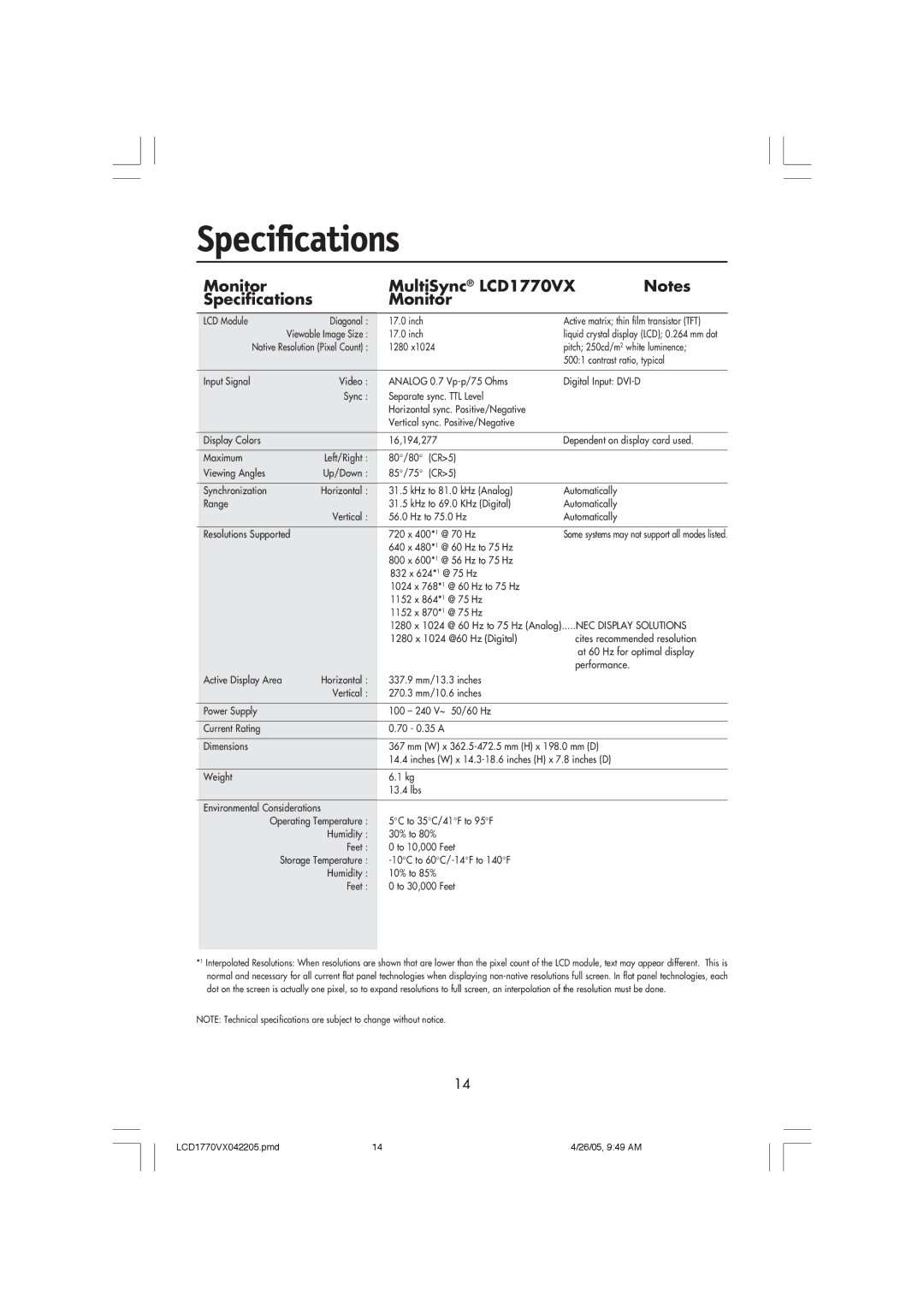 NEC user manual Monitor MultiSync LCD1770VX Specifications 