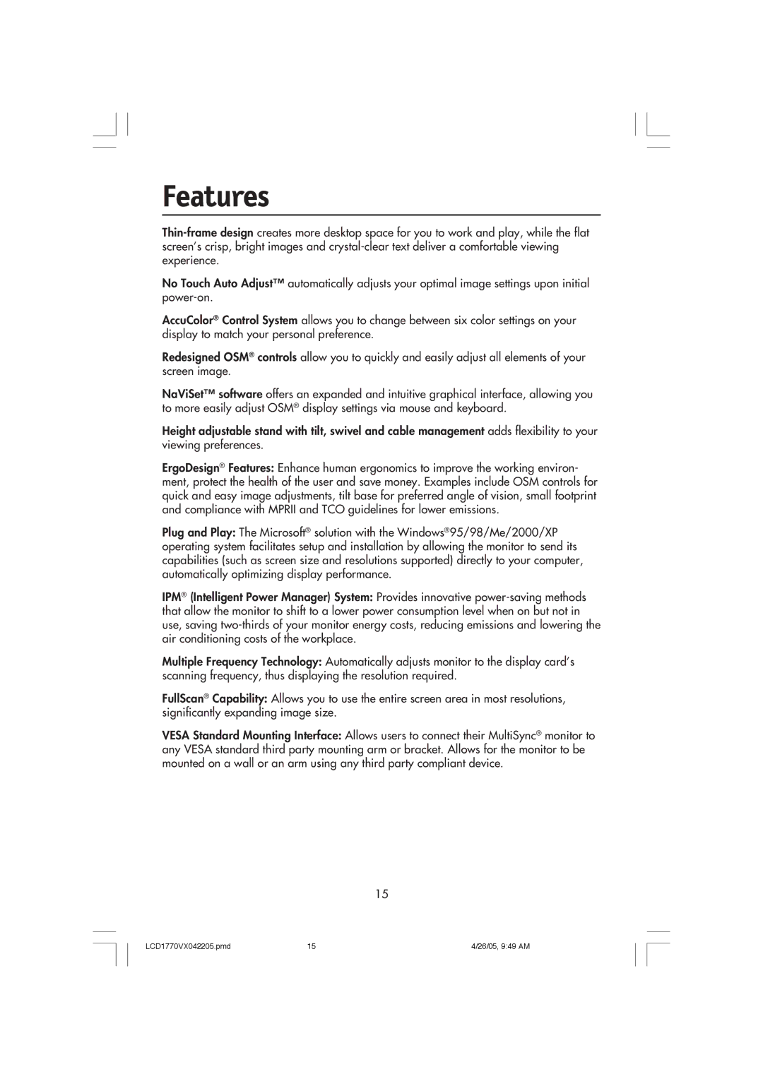 NEC LCD1770VX user manual Features 