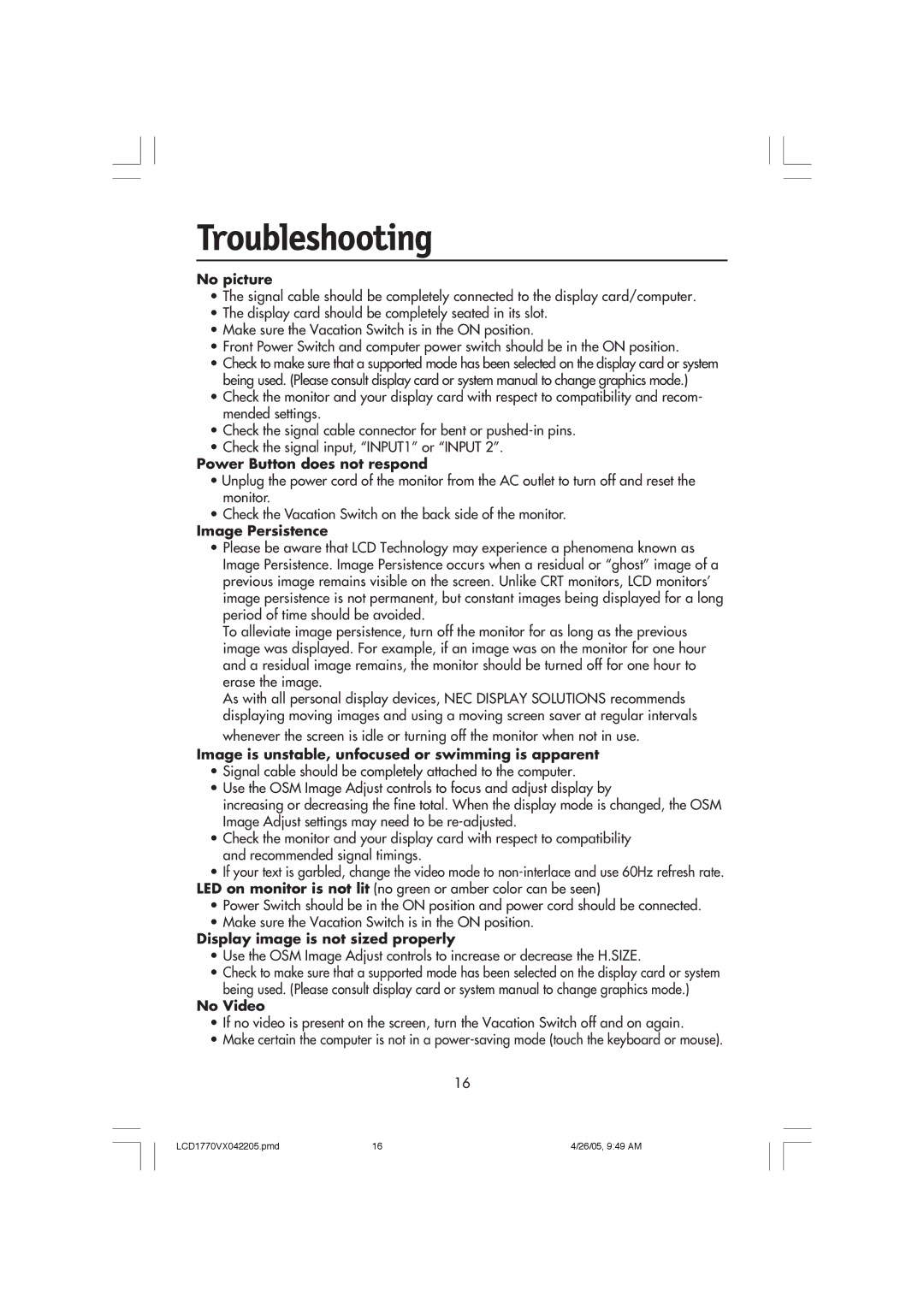 NEC LCD1770VX user manual Troubleshooting, No picture 