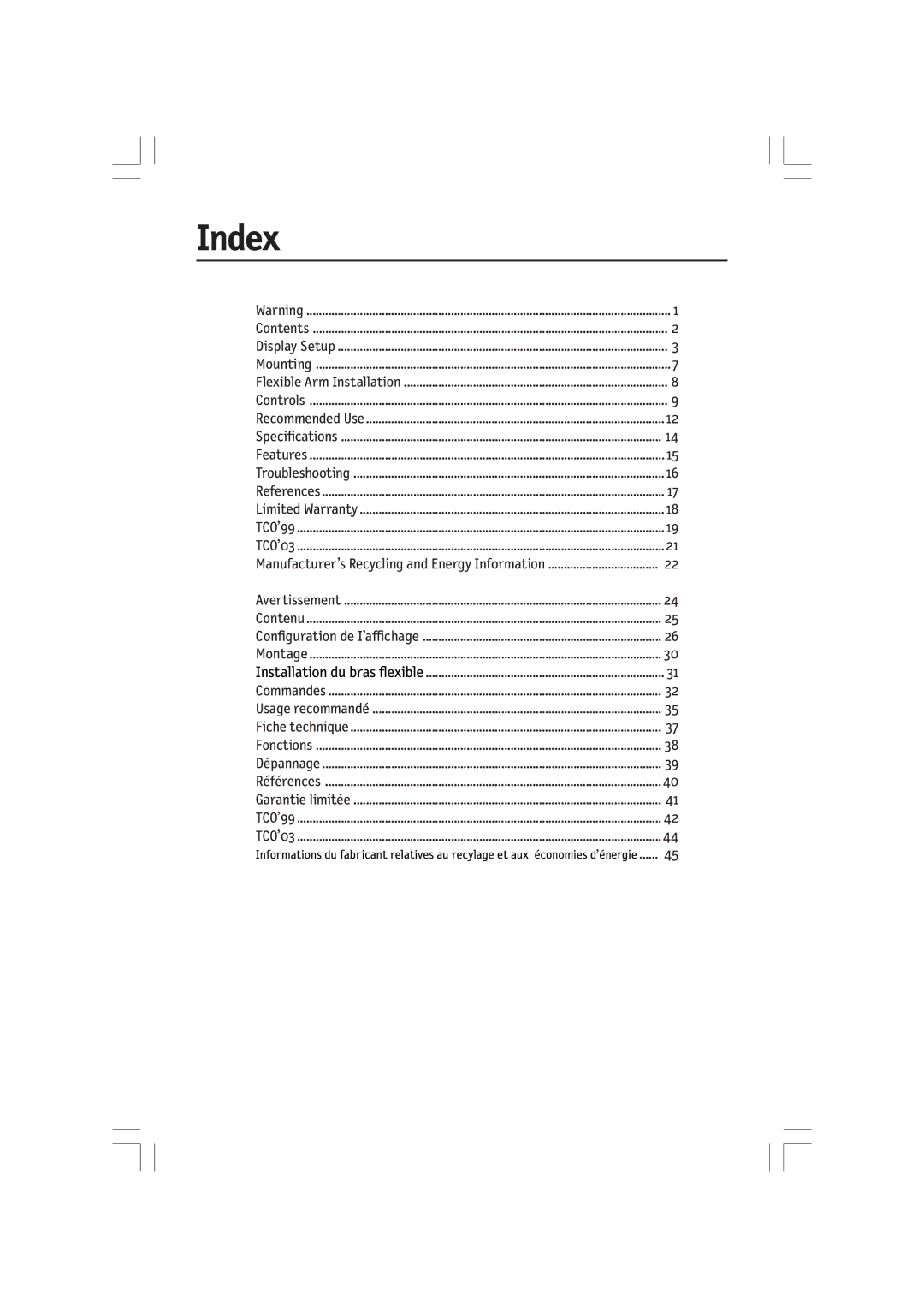 NEC LCD1770VX user manual Index, Manufacturer’s Recycling and Energy Information 