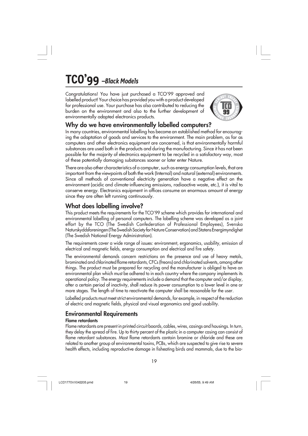 NEC LCD1770VX user manual TCO’99 -Black Models 