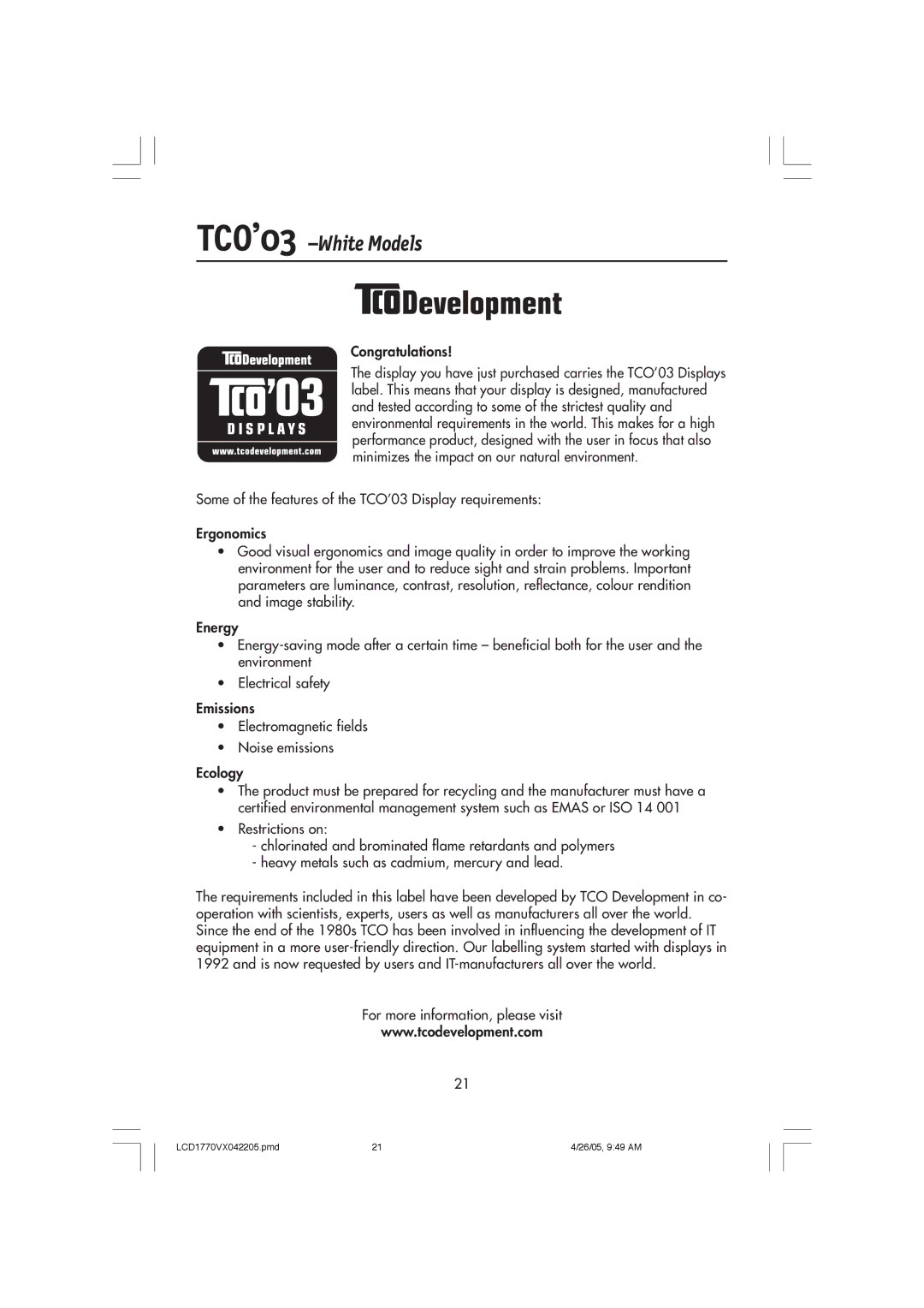 NEC LCD1770VX user manual TCO’03 -White Models 