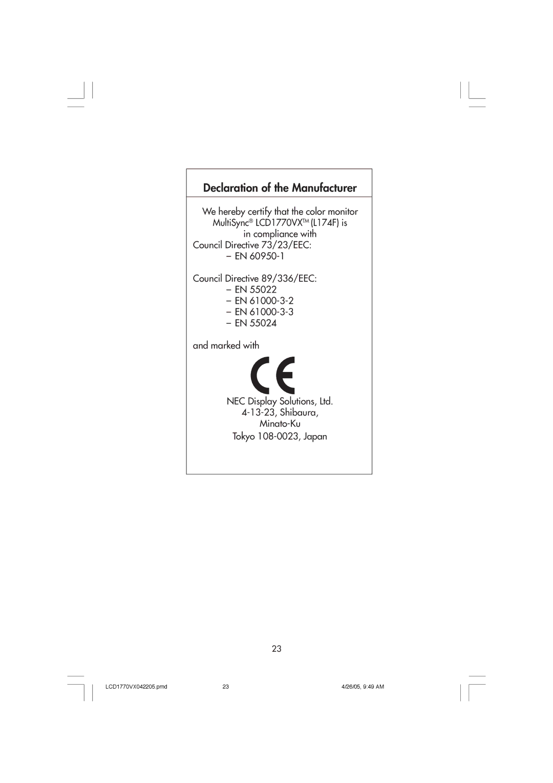 NEC LCD1770VX user manual Declaration of the Manufacturer 