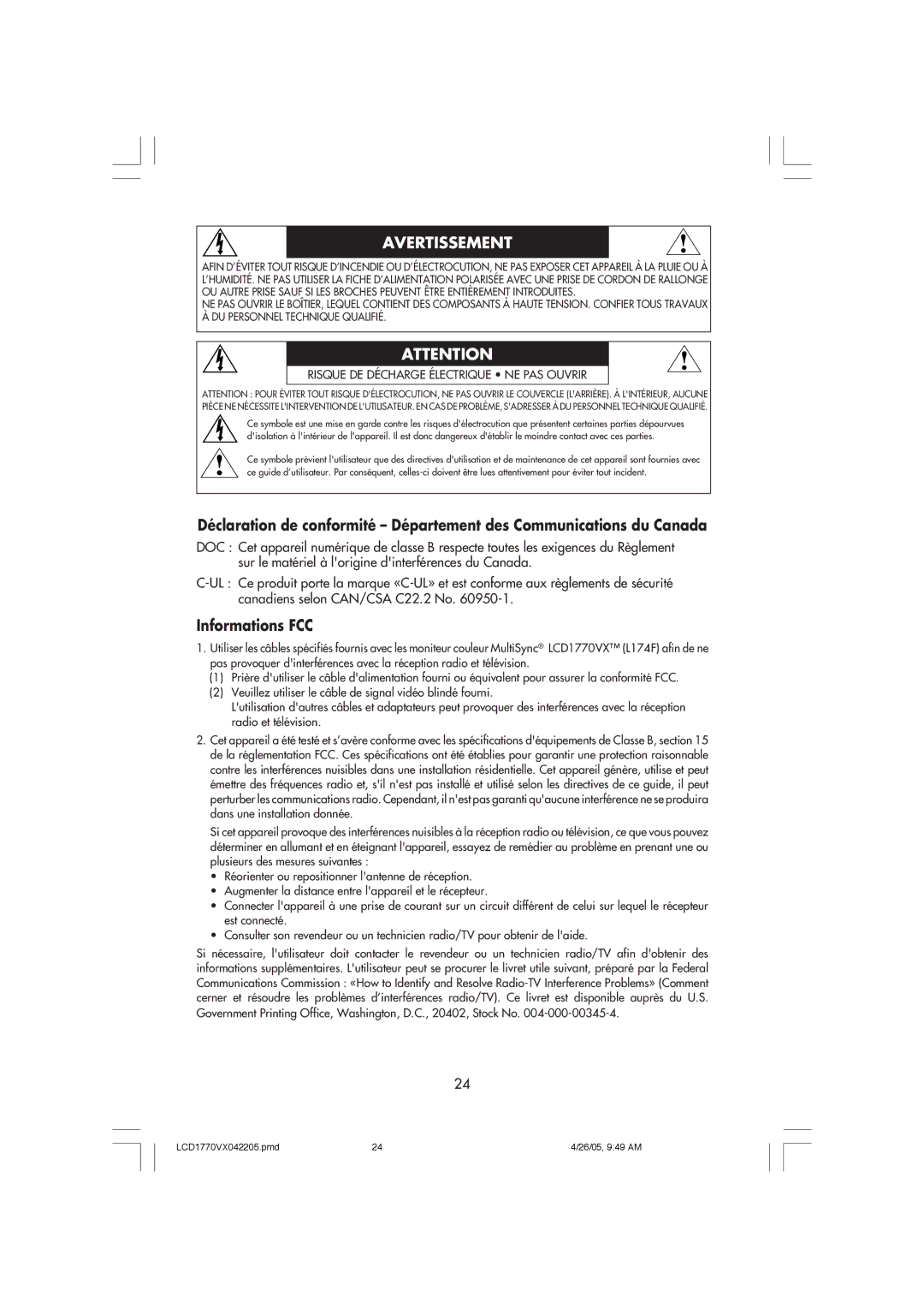 NEC LCD1770VX user manual Avertissement, Informations FCC 