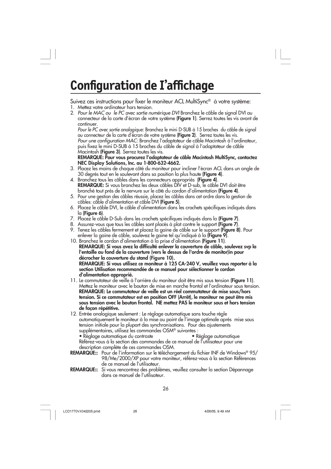 NEC LCD1770VX user manual Configuration de I’affichage 