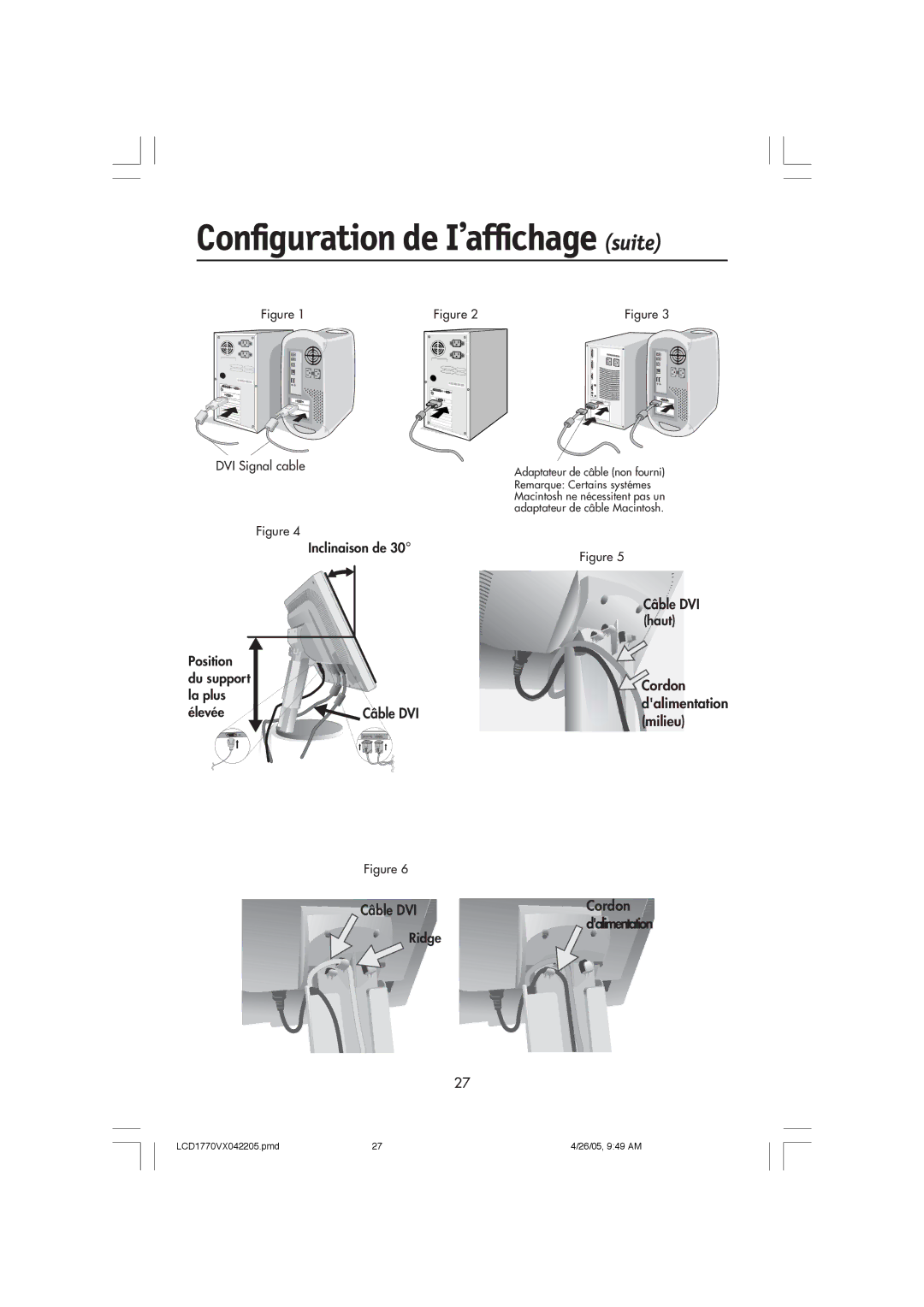 NEC LCD1770VX user manual Configuration de I’affichage suite, Câble DVI 