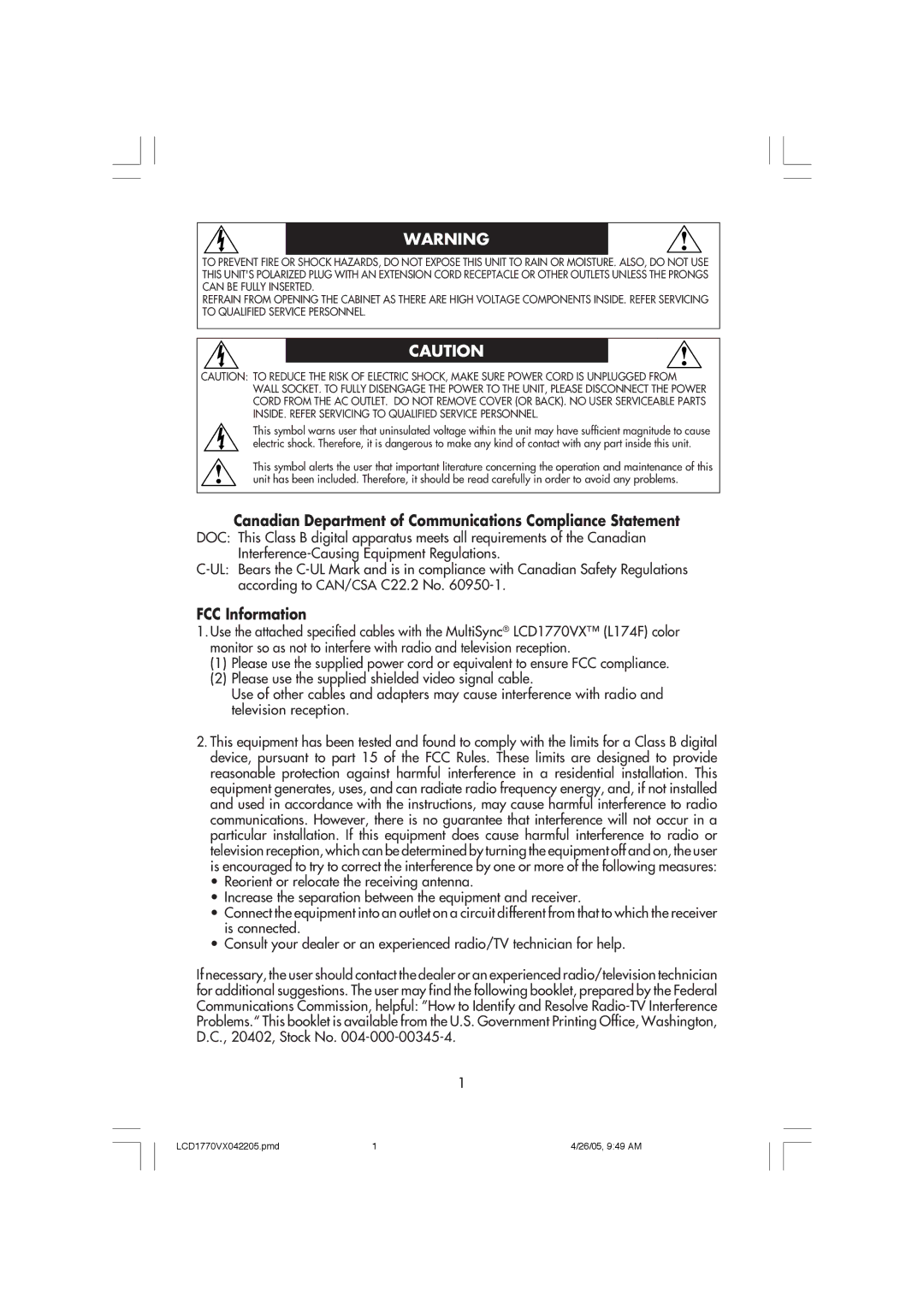 NEC LCD1770VX user manual Canadian Department of Communications Compliance Statement, FCC Information 