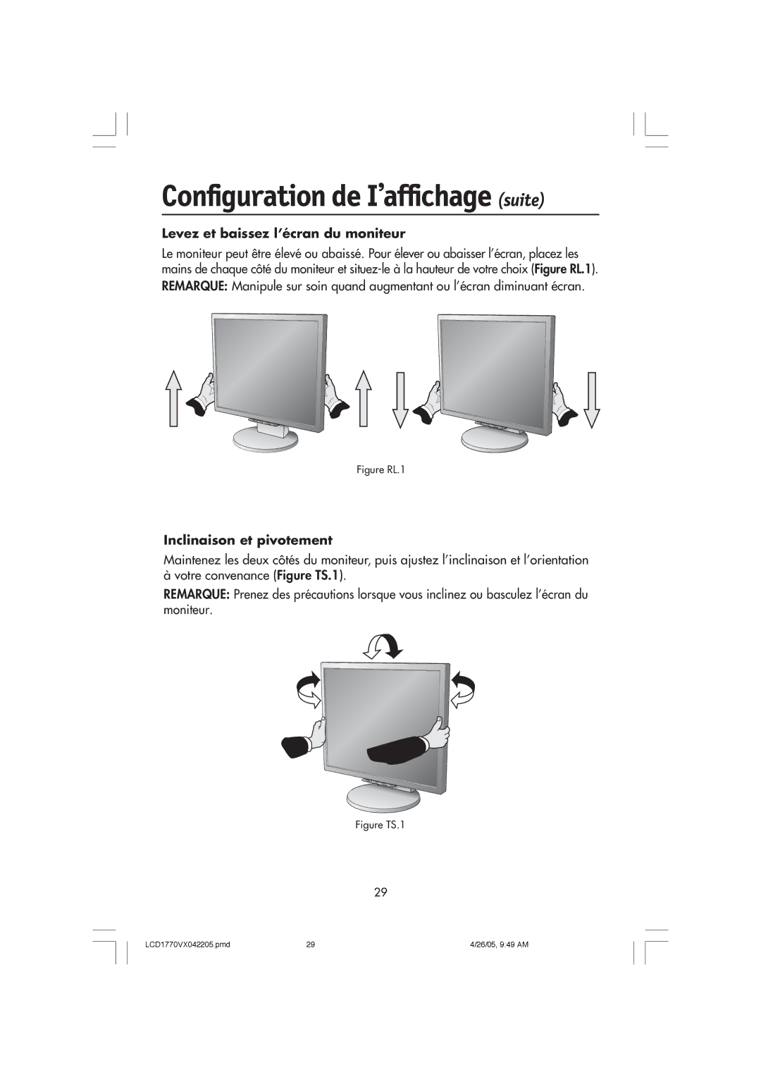 NEC LCD1770VX user manual Levez et baissez l’écran du moniteur, Inclinaison et pivotement 