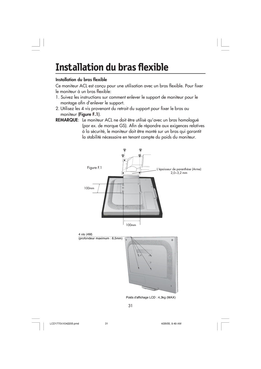 NEC LCD1770VX user manual Installation du bras flexible, Figure F.1 