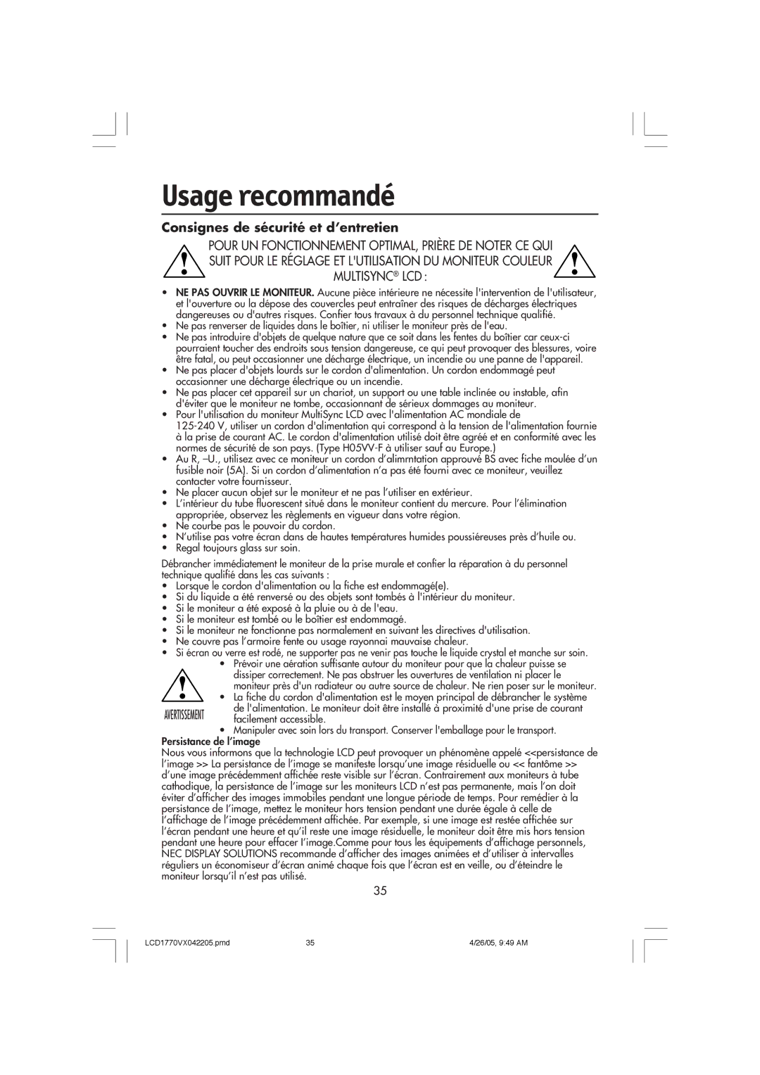 NEC LCD1770VX user manual Usage recommandé, Consignes de sécurité et d’entretien 