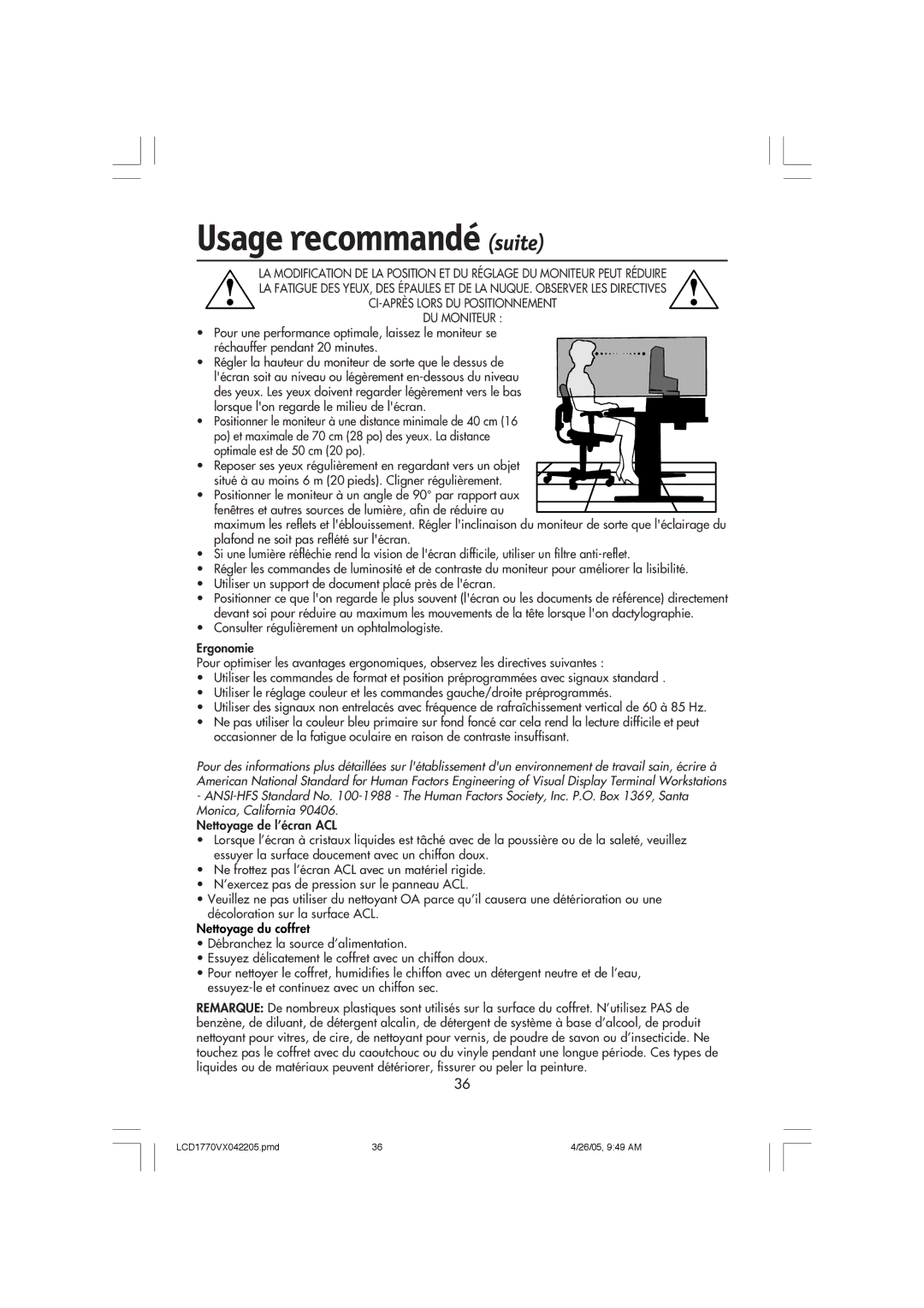 NEC LCD1770VX user manual Usage recommandé suite, DU Moniteur 