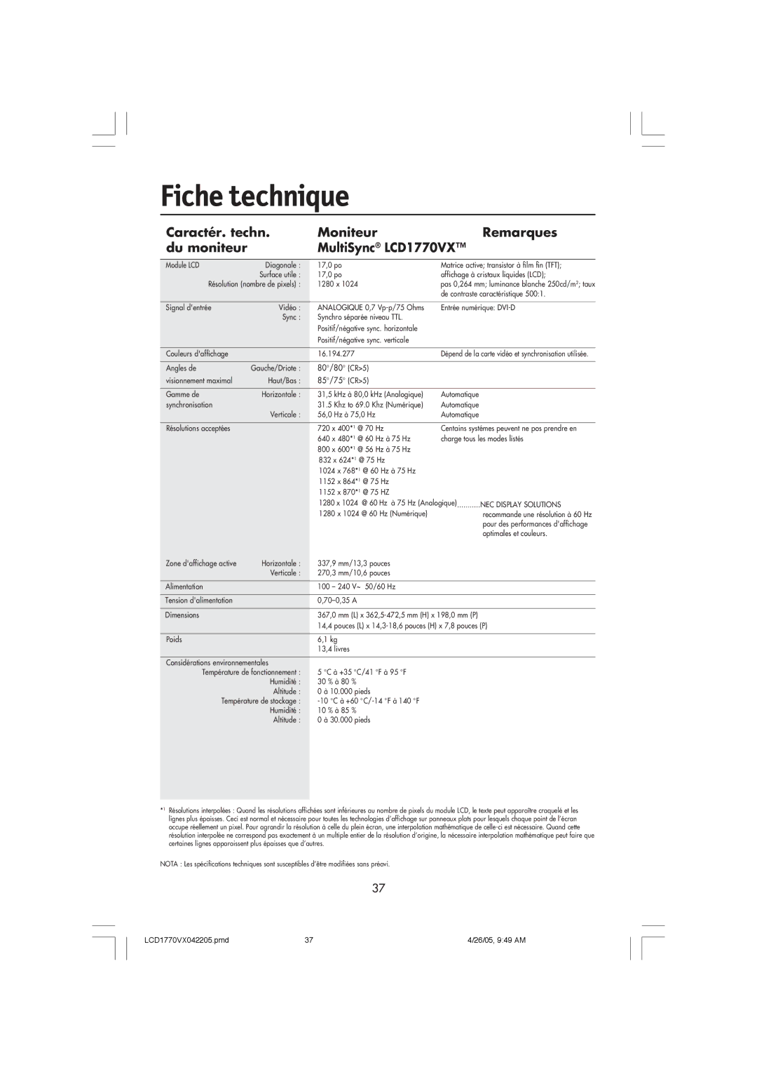 NEC LCD1770VX user manual Fiche technique 