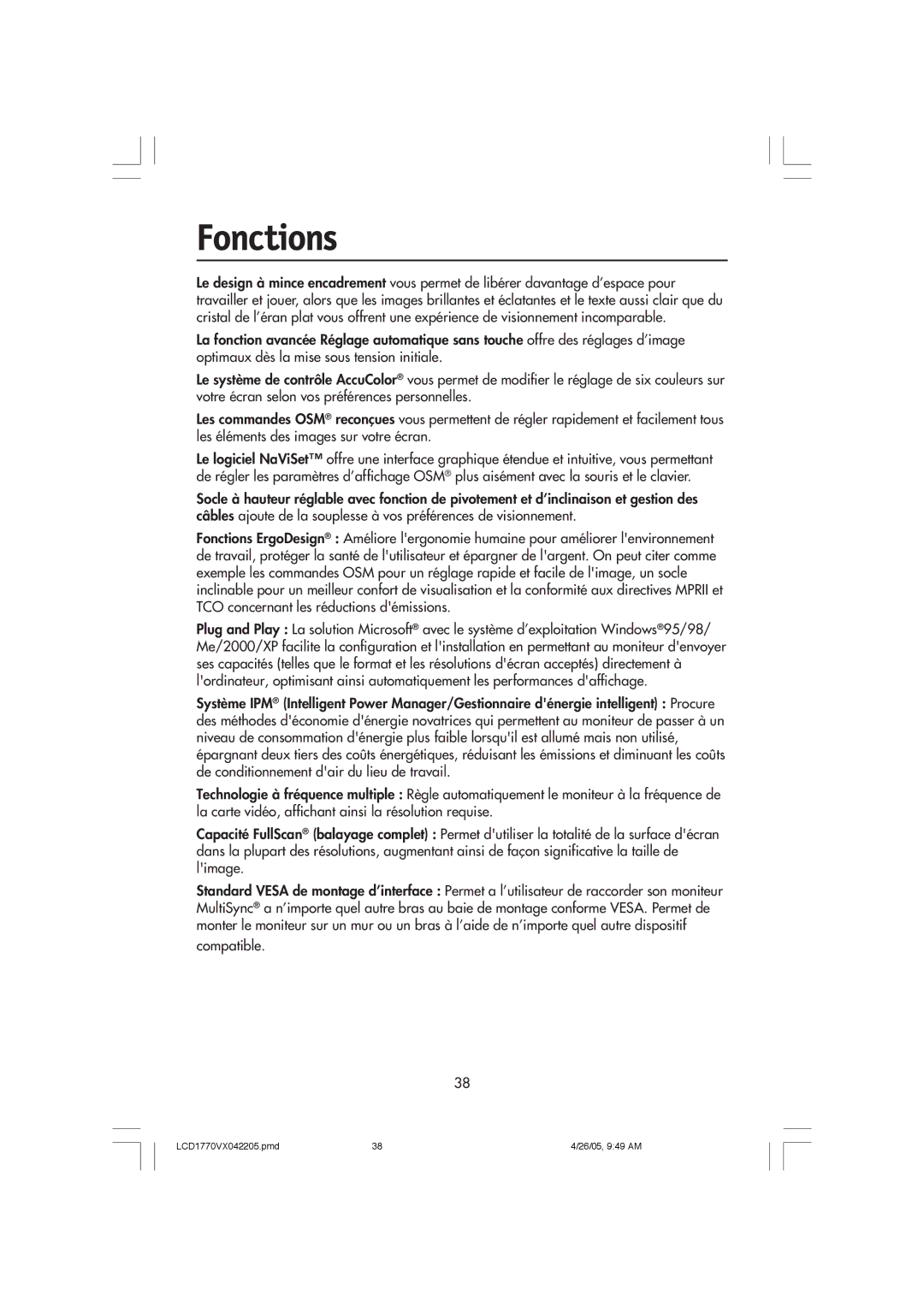 NEC LCD1770VX user manual Fonctions 