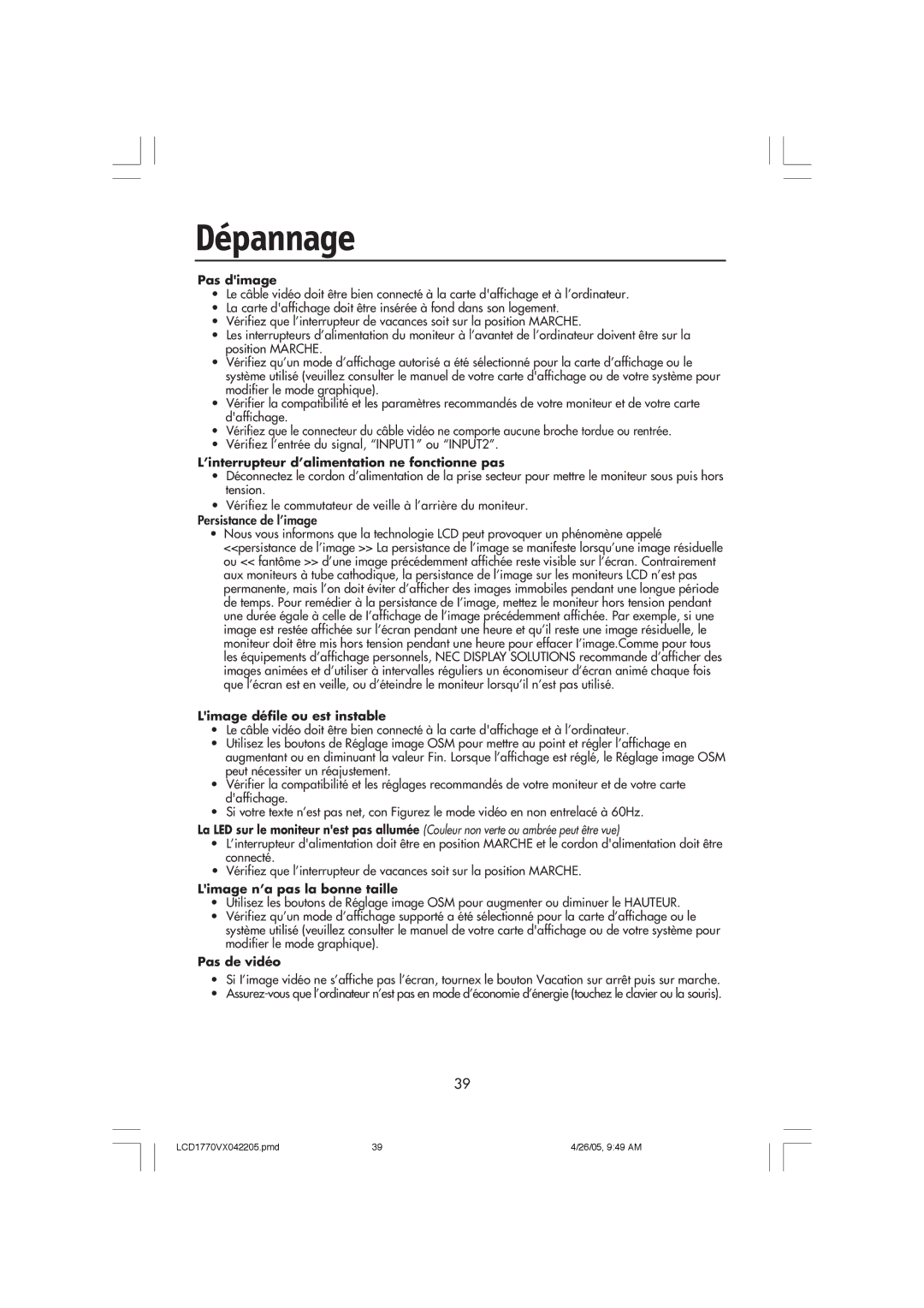 NEC LCD1770VX user manual Dépannage, Pas dimage 