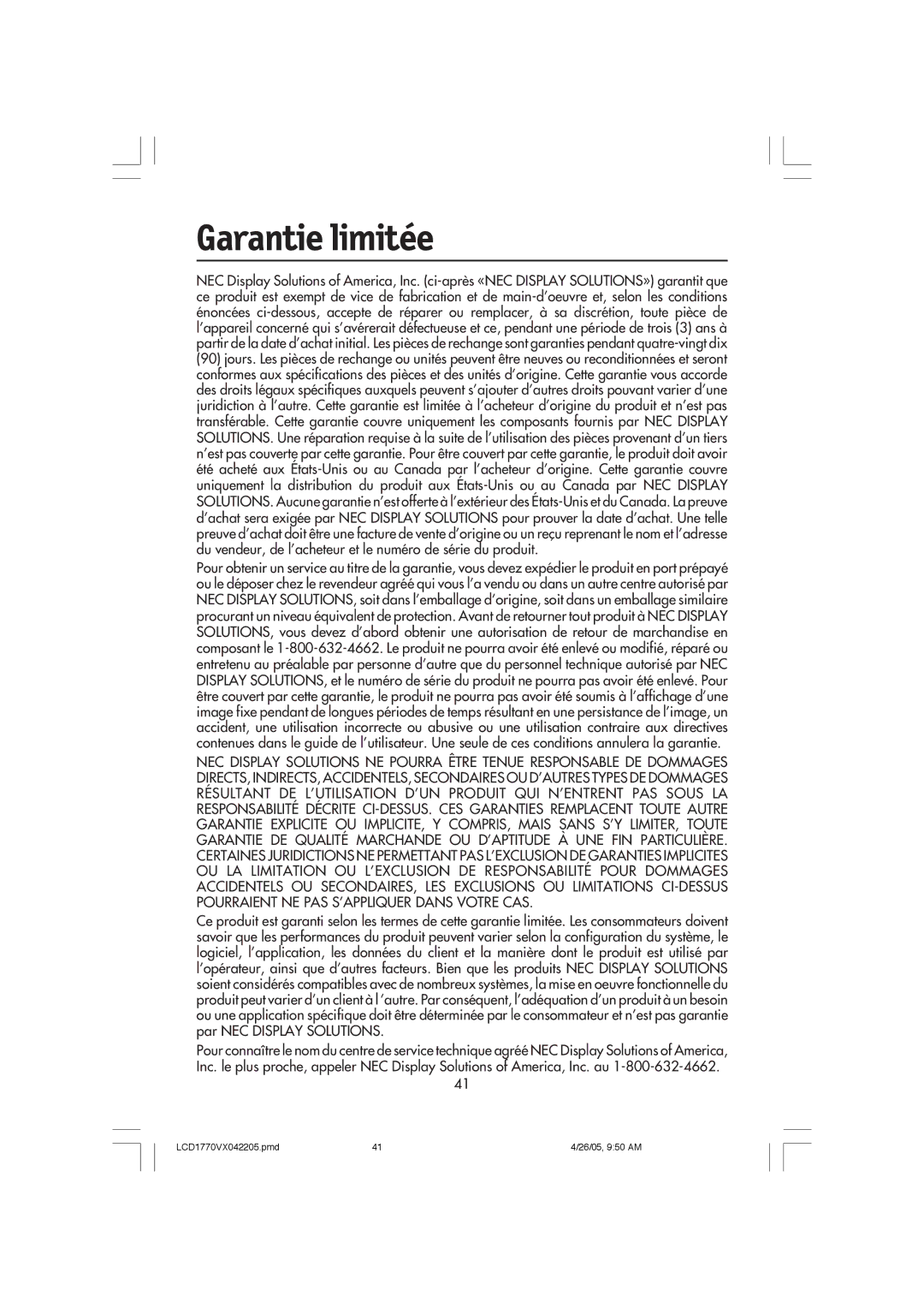 NEC LCD1770VX user manual Garantie limitée 