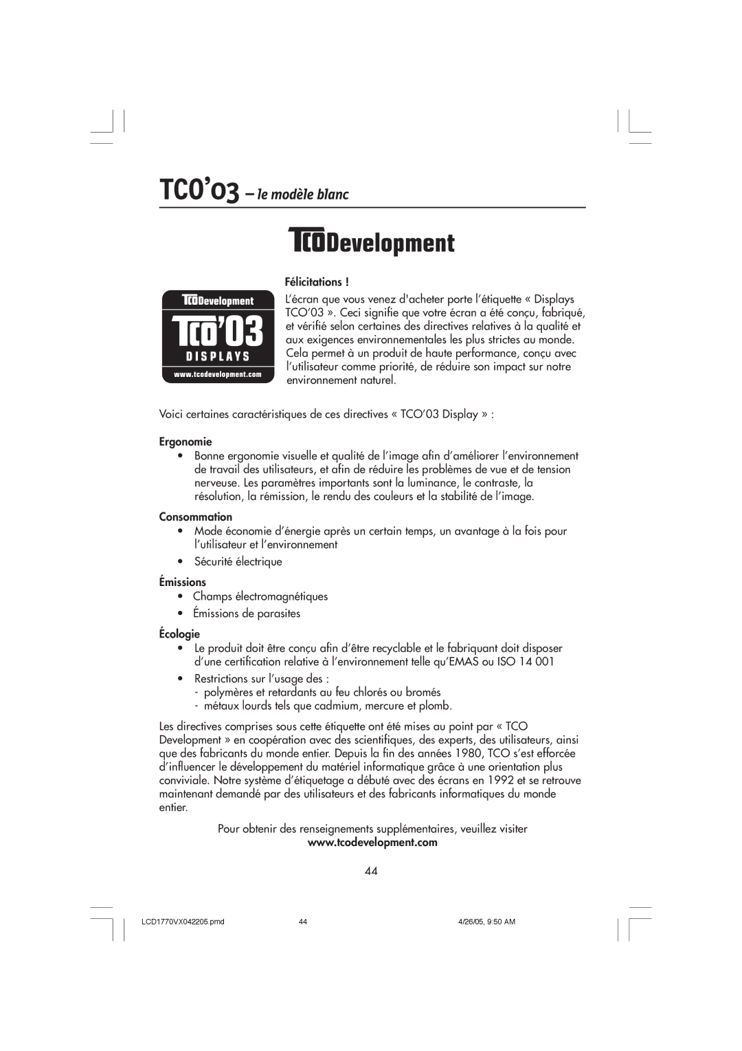 NEC LCD1770VX user manual TCO’03 le modèle blanc 