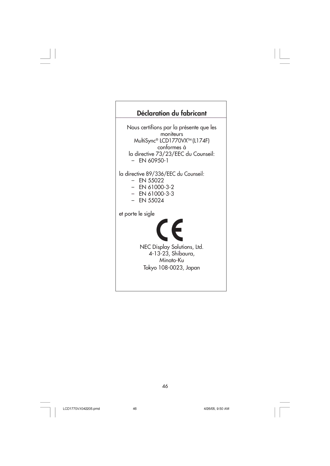 NEC LCD1770VX user manual Déclaration du fabricant 