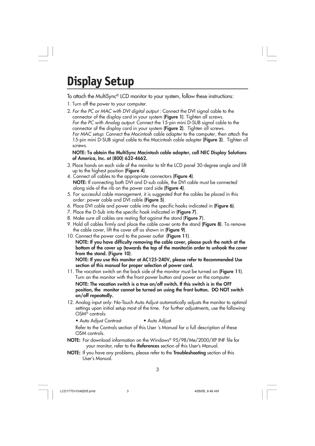 NEC LCD1770VX user manual Display Setup, Turn off the power to your computer 