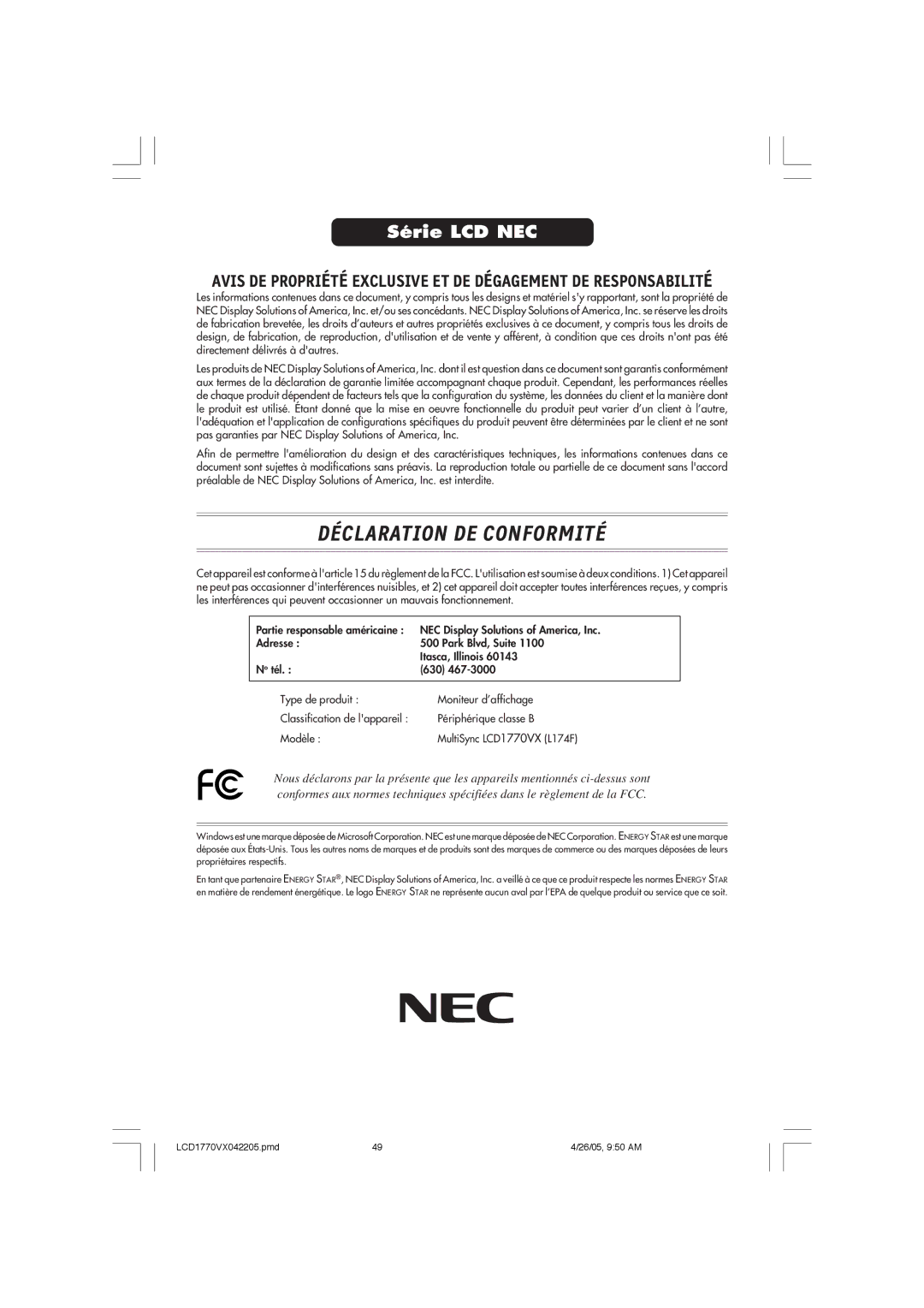 NEC LCD1770VX user manual Déclaration DE Conformité 