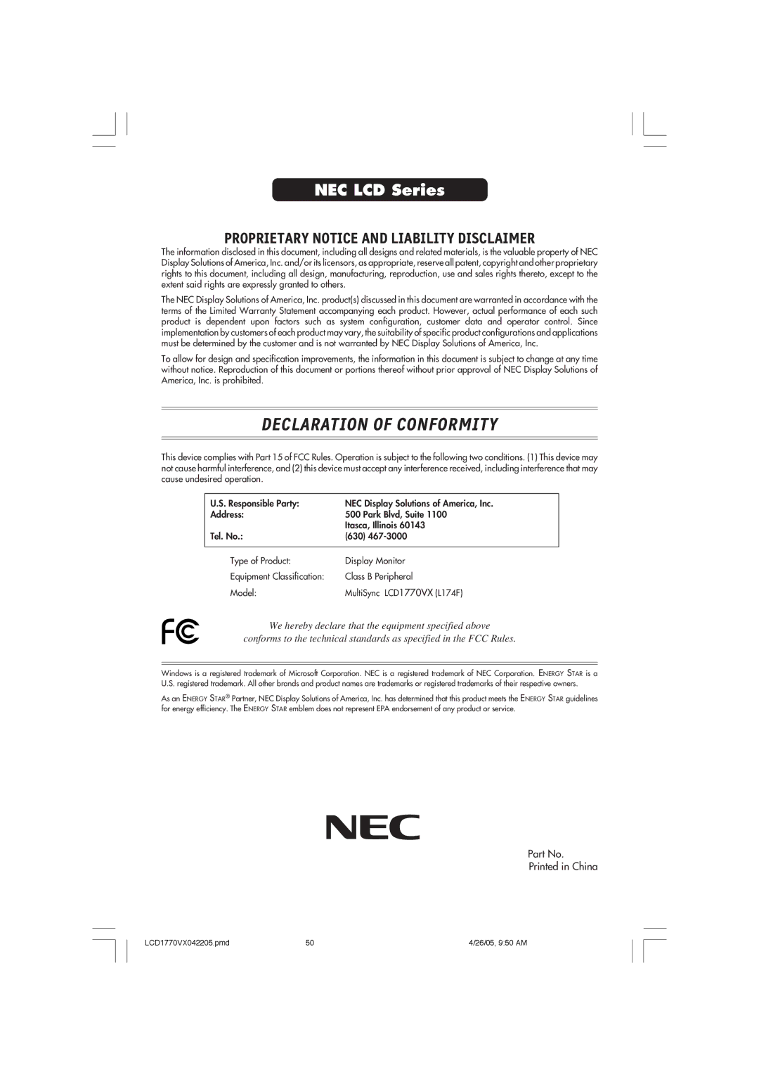 NEC LCD1770VX user manual Declaration of Conformity 